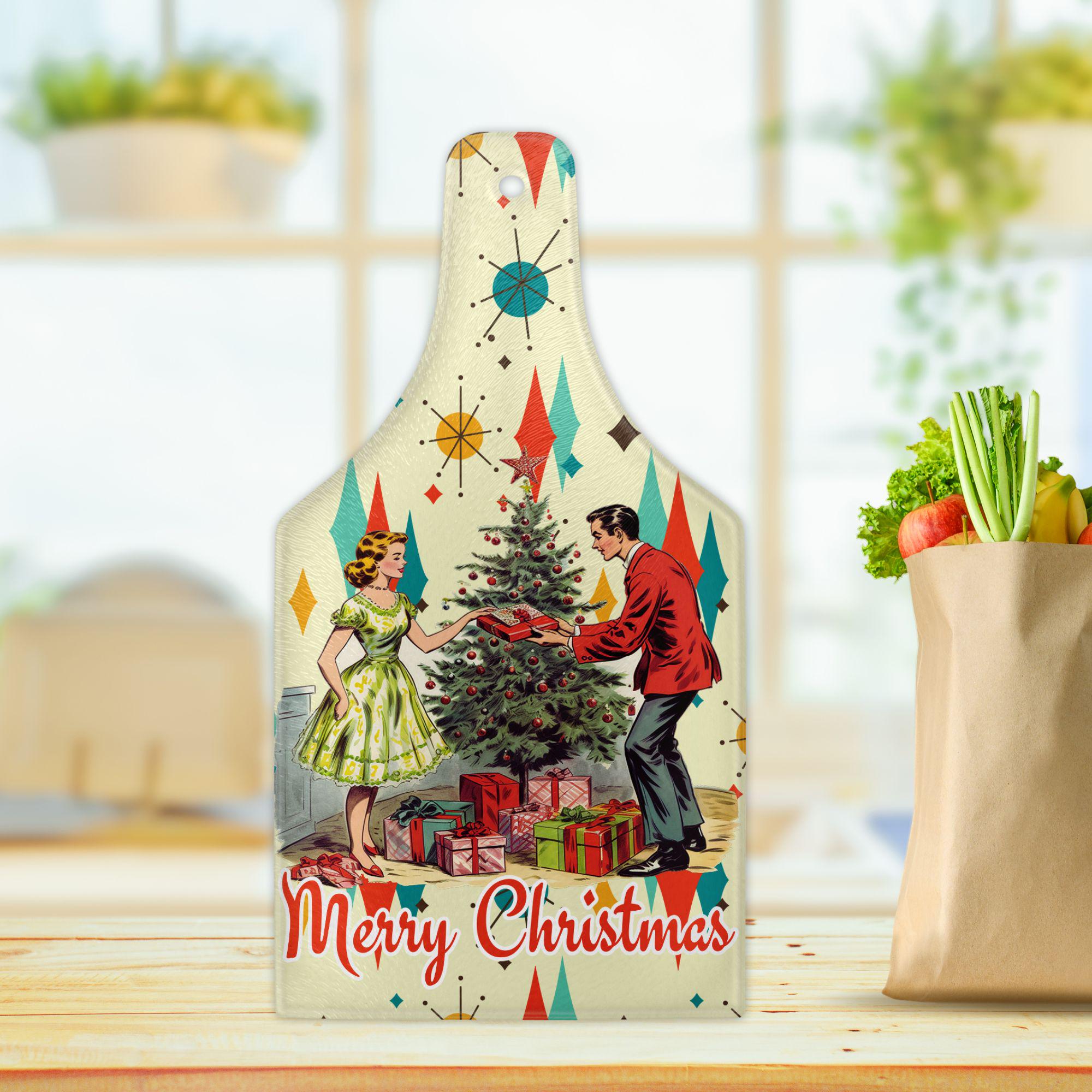 Kate McEnroe New York Retro Vintage 50s Wine Bottle Shape Glass Cutting Board, Franciscan Diamond Starburst Kitsch Christmas Card Art Holiday KitchenwareCutting BoardsPTG-VCP-MCH-3