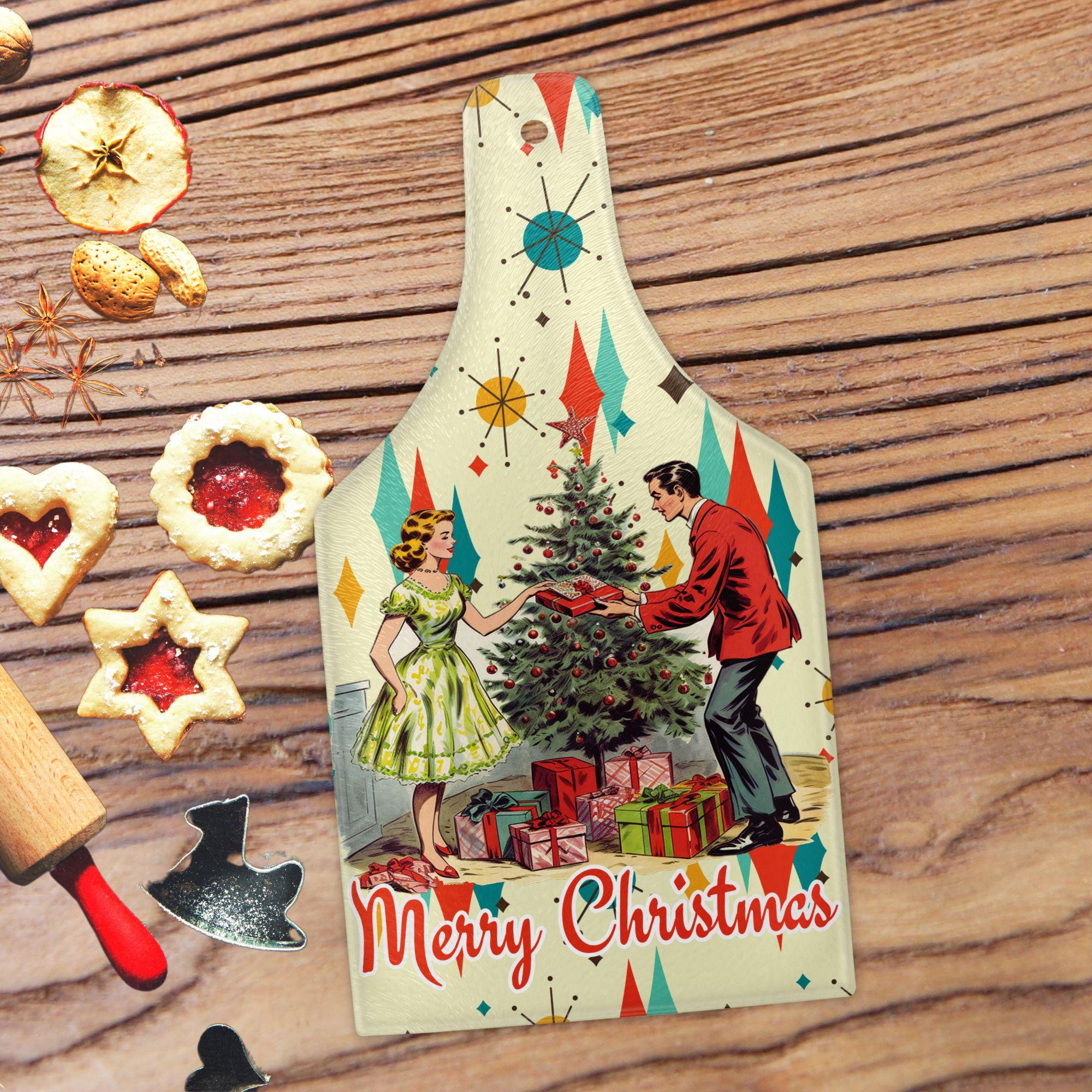 Kate McEnroe New York Retro Vintage 50s Wine Bottle Shape Glass Cutting Board, Franciscan Diamond Starburst Kitsch Christmas Card Art Holiday KitchenwareCutting BoardsPTG-VCP-MCH-3