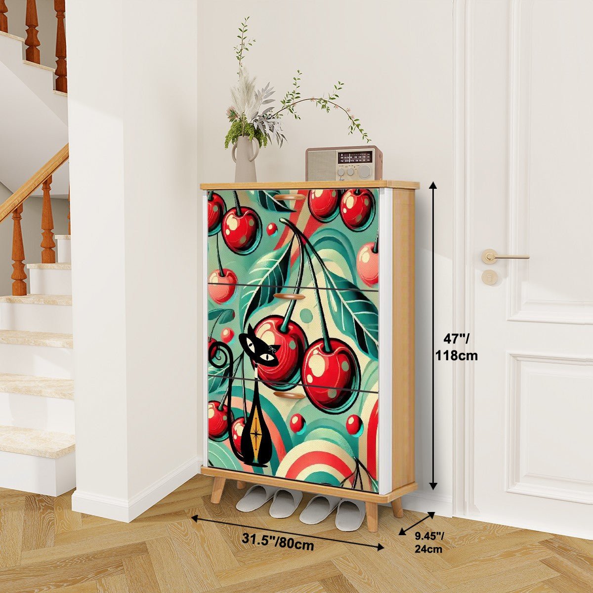 Kate McEnroe New York Retro Vintage Atomic Cat Cherry Kitsch Shoe Cabinet, Mid Century Modern Storage AccentShoe StorageFqhlgGTpsu