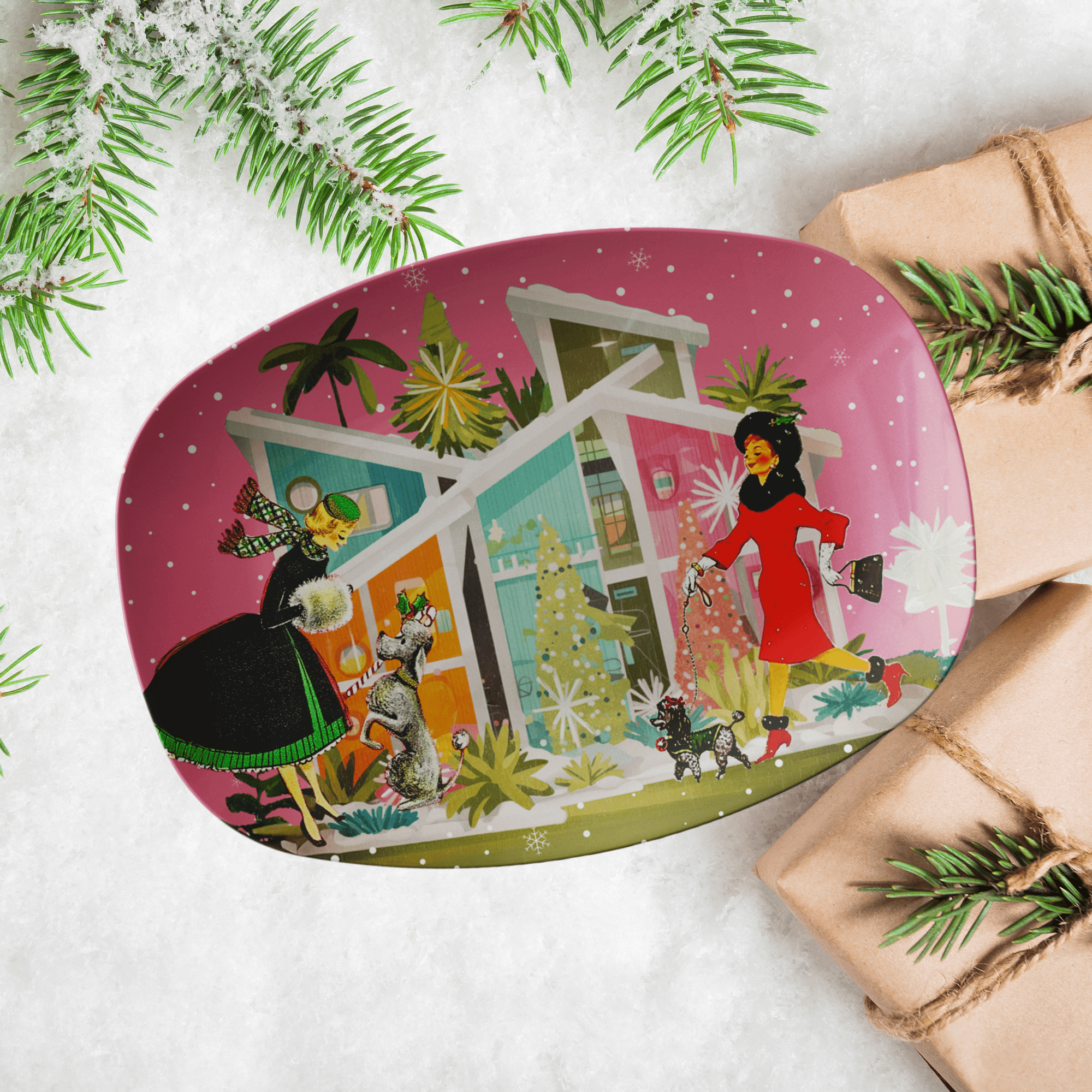 Kate McEnroe New York Retro Vintage Christmas Poodle Platter, Mid Century Modern Holiday Ladies Dishware, 50s Kitsch MCM Entertaining PlateServing Platters