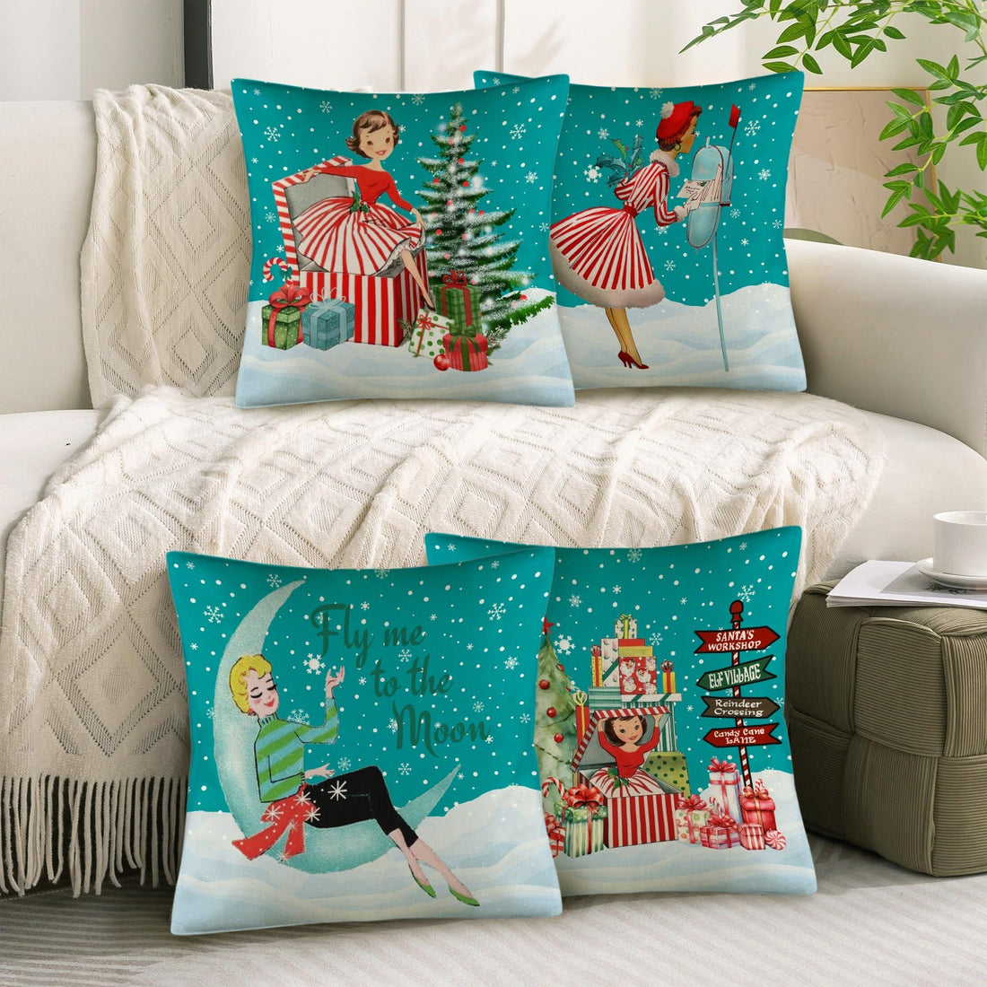 Kate McEnroe New York Retro Vintage Christmas Throw Pillow Covers Set of 4 Mid Century Modern Kitsch AccentThrow Pillow CoversD3246390