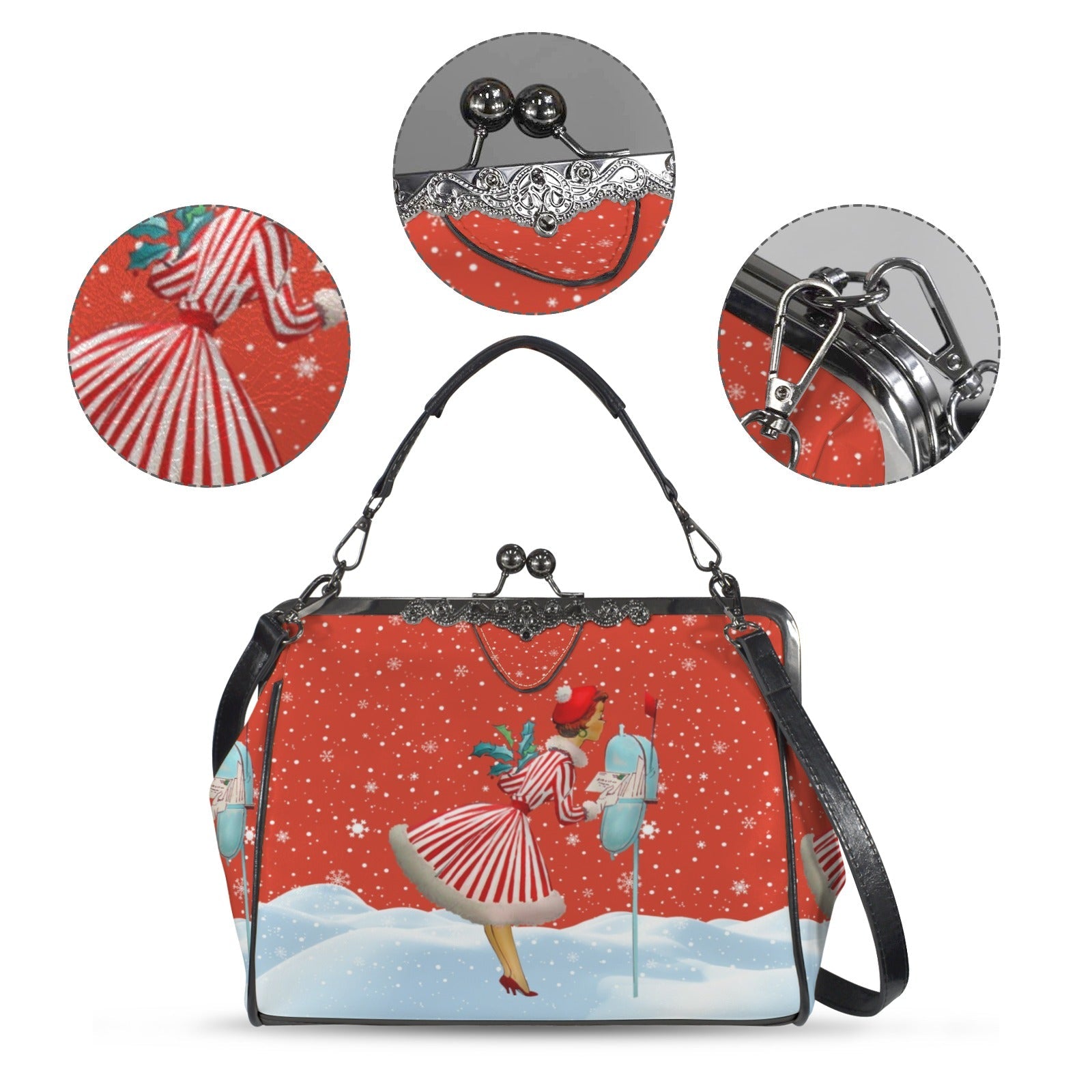 Kate McEnroe New York Retro Vintage Kitsch Christmas Kiss Lock Crossbody Bag, Mid Century Modern 1950s PurseCrossbody BagsD3282517