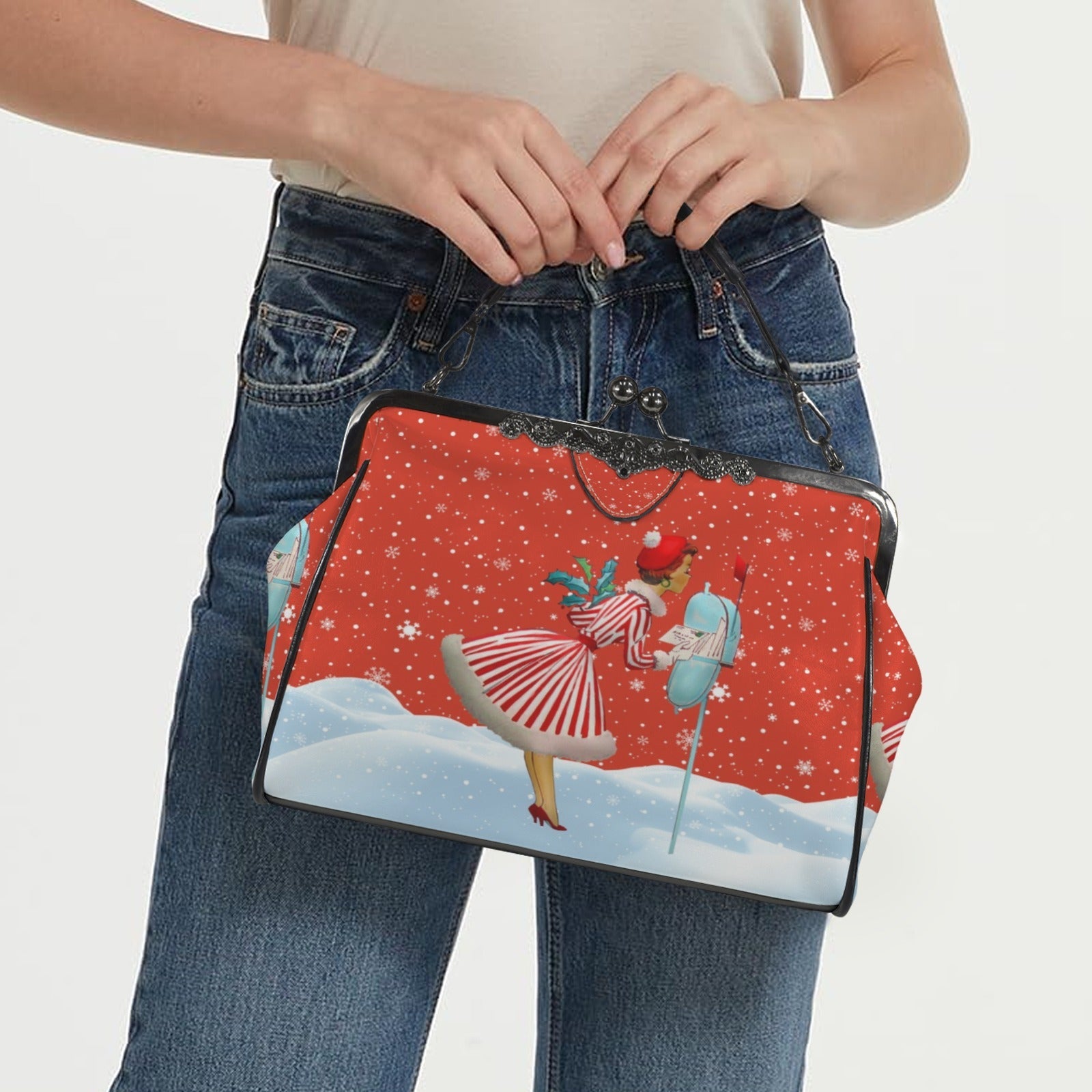 Kate McEnroe New York Retro Vintage Kitsch Christmas Kiss Lock Crossbody Bag, Mid Century Modern 1950s PurseCrossbody BagsD3282517