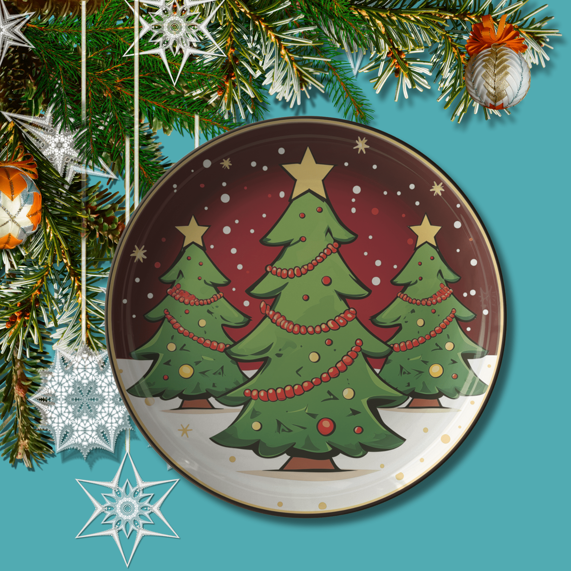 Kate McEnroe New York Retro Vintage Kitsch Christmas Tree Plate, Mid Century Modern Holiday DinnerwareDinner Plates