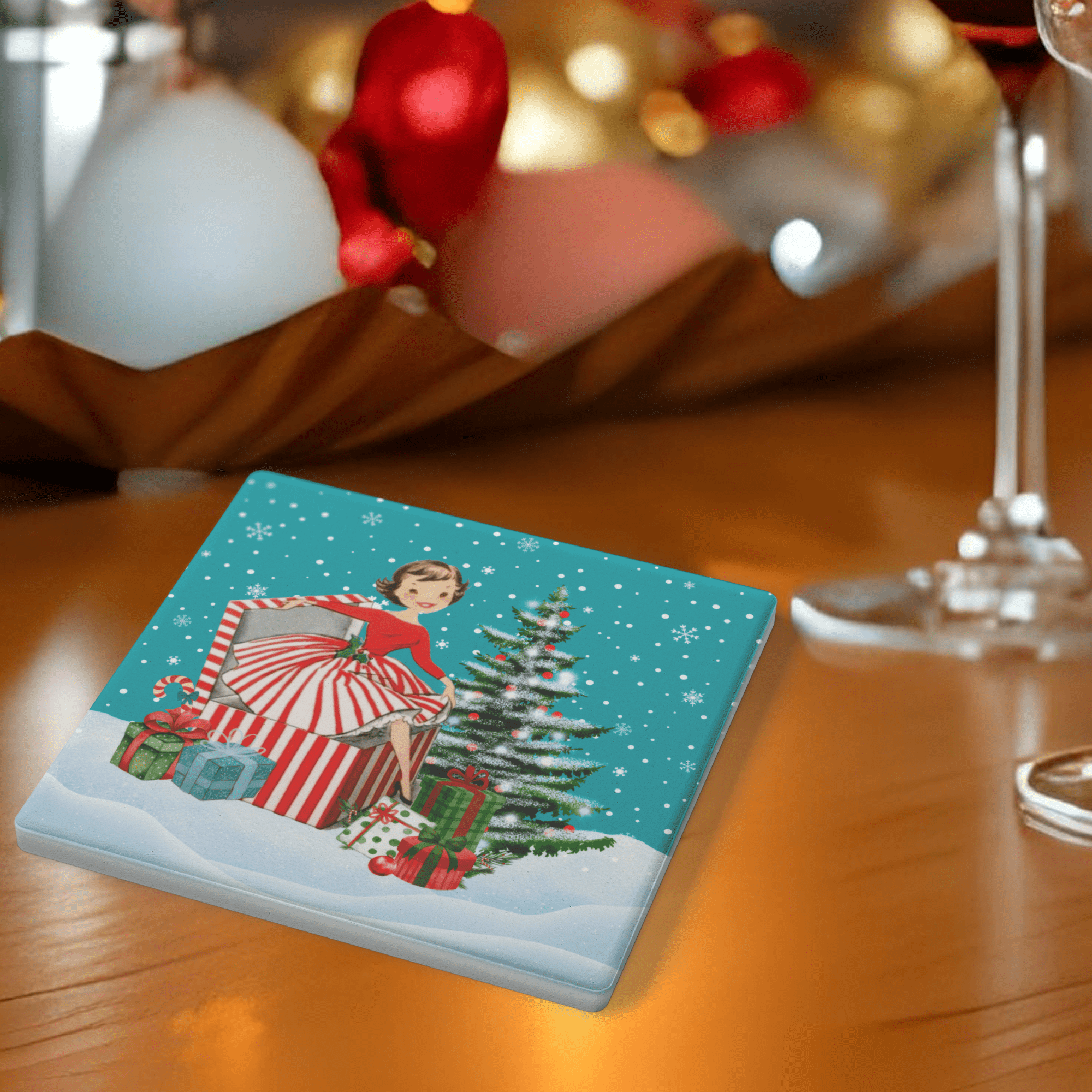 Kate McEnroe New York Retro Vintage Kitsch Snowy Christmas Coasters, Mid Century Modern 50s Holiday DrinkwareCoasters7021