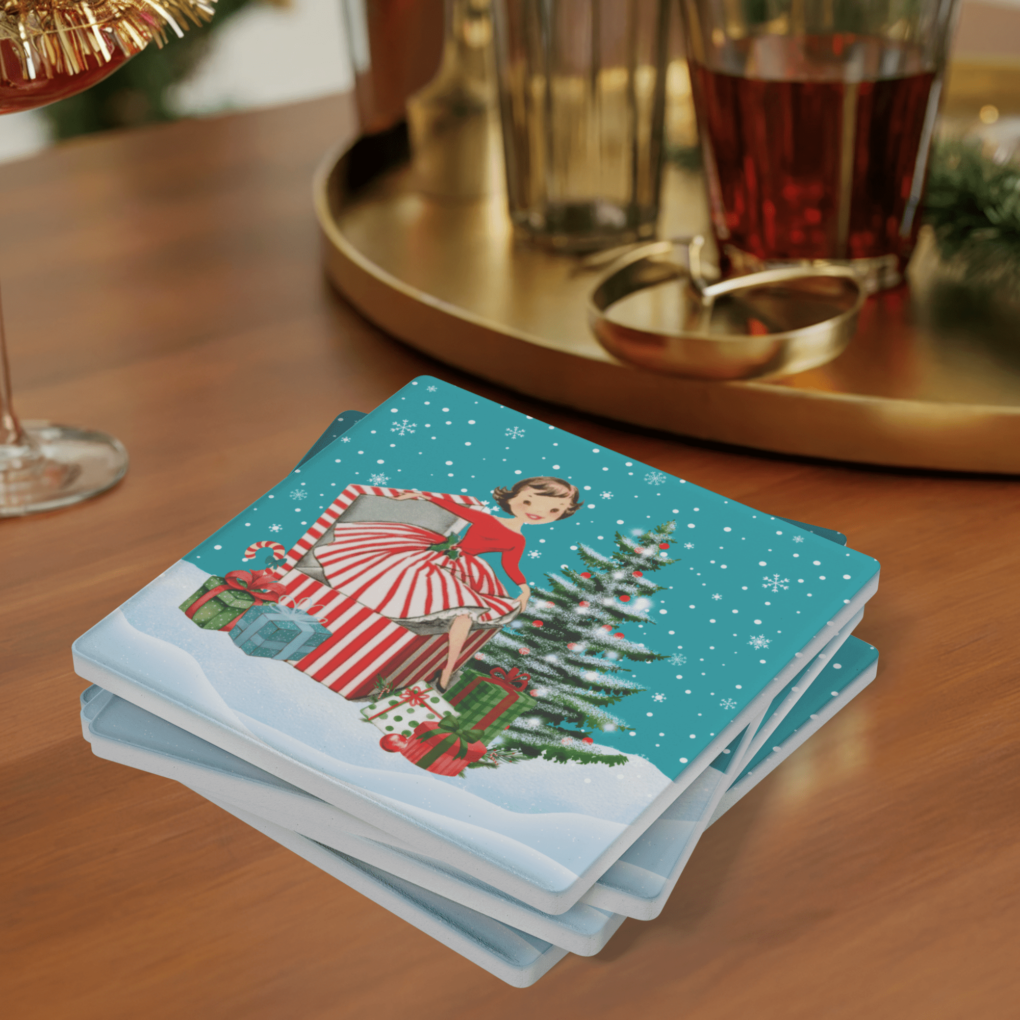 Kate McEnroe New York Retro Vintage Kitsch Snowy Christmas Coasters, Mid Century Modern 50s Holiday DrinkwareCoasters7021