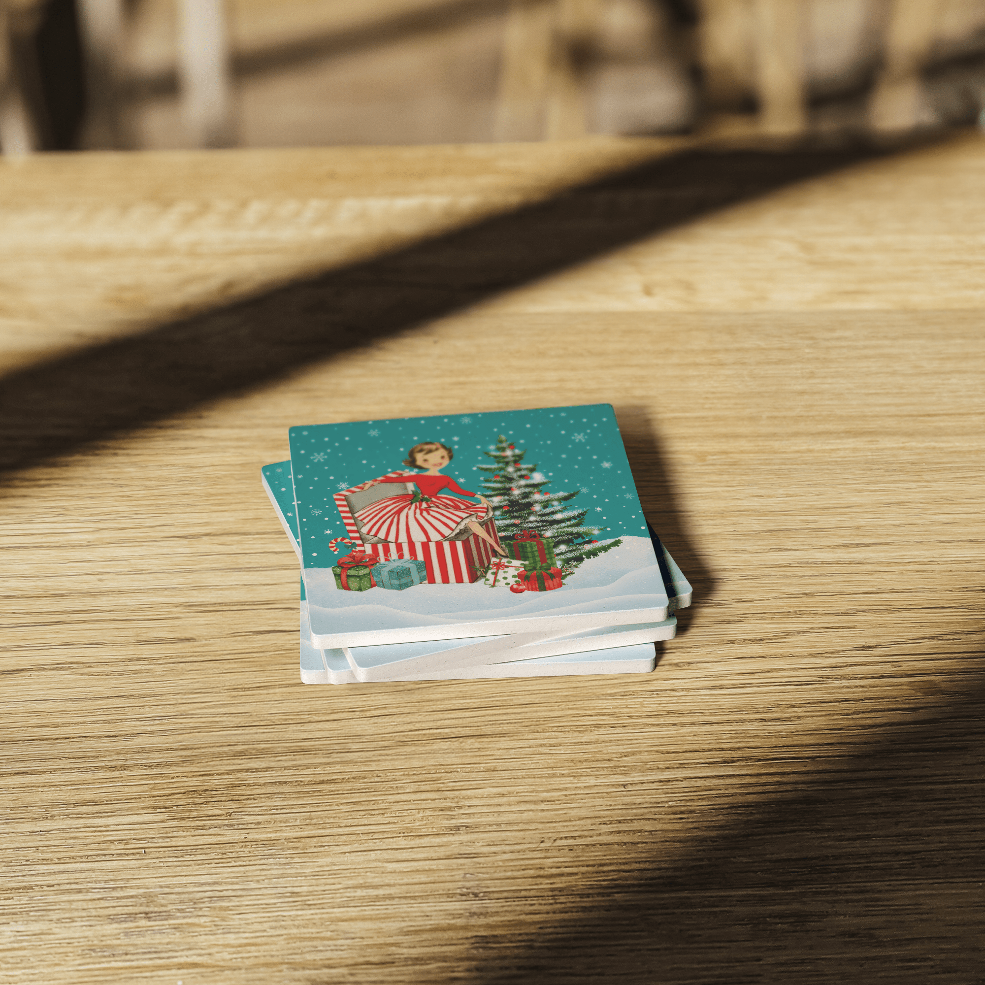 Kate McEnroe New York Retro Vintage Kitsch Snowy Christmas Coasters, Mid Century Modern 50s Holiday DrinkwareCoasters7021