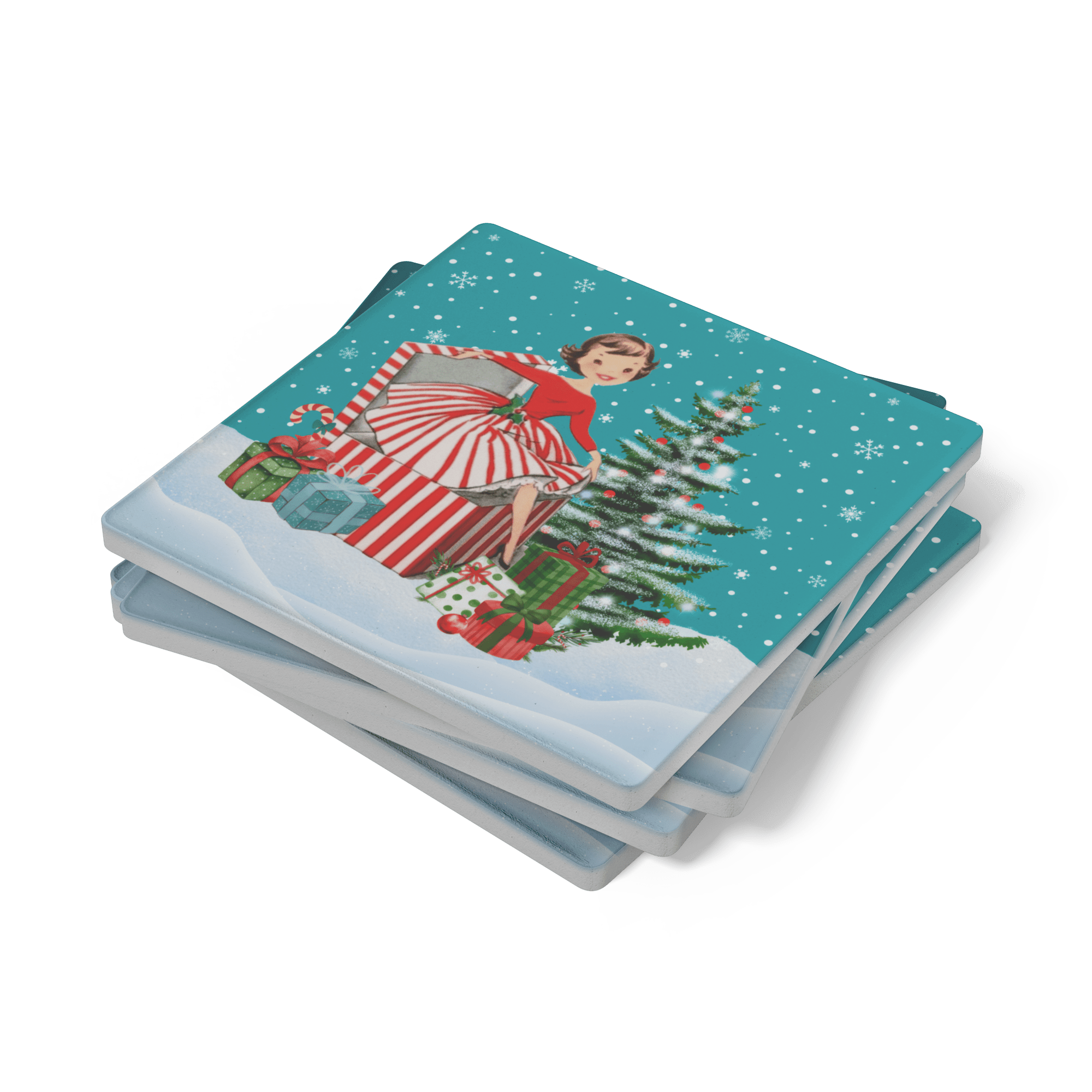 Kate McEnroe New York Retro Vintage Kitsch Snowy Christmas Coasters, Mid Century Modern 50s Holiday DrinkwareCoasters7021