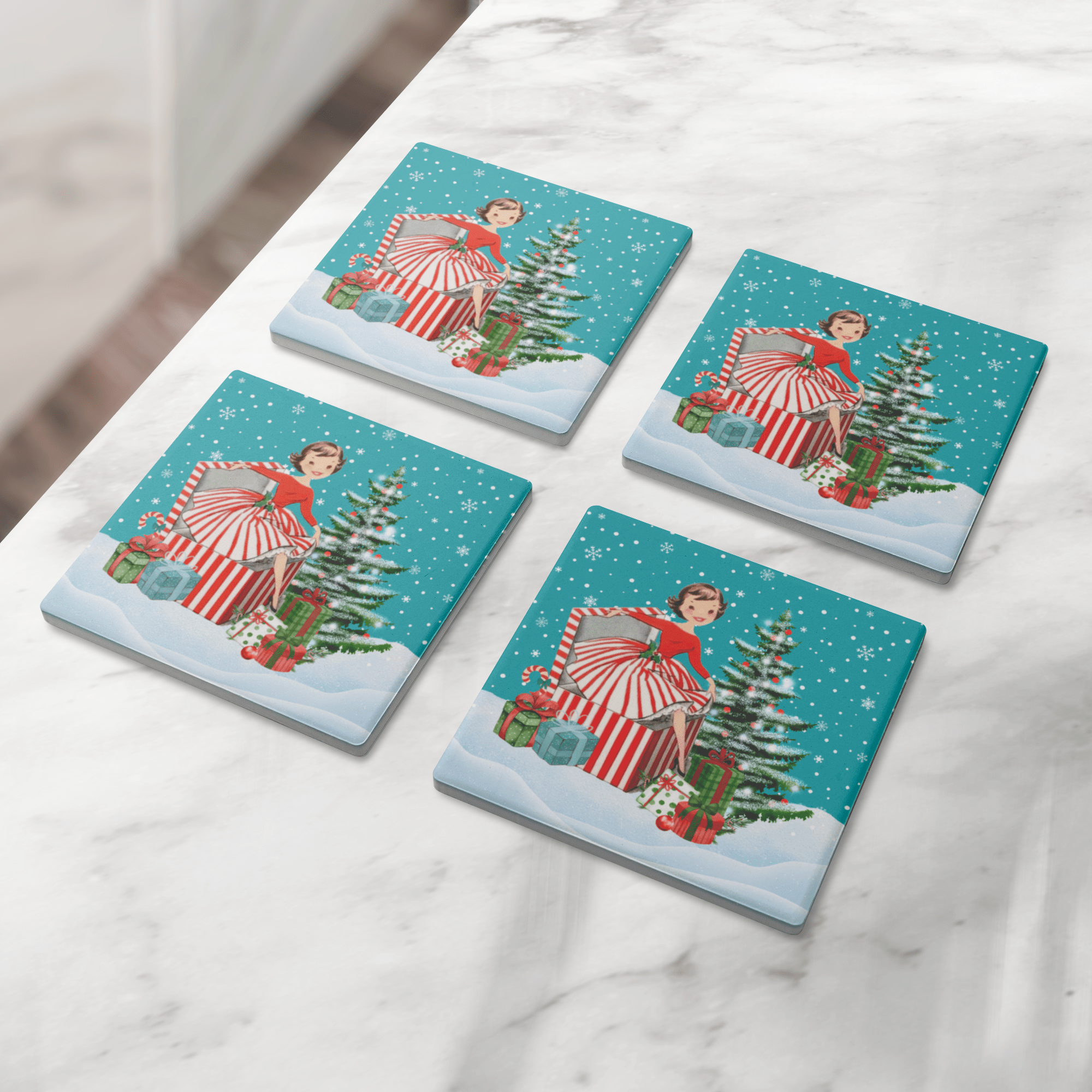 Kate McEnroe New York Retro Vintage Kitsch Snowy Christmas Coasters, Mid Century Modern 50s Holiday DrinkwareCoasters7021