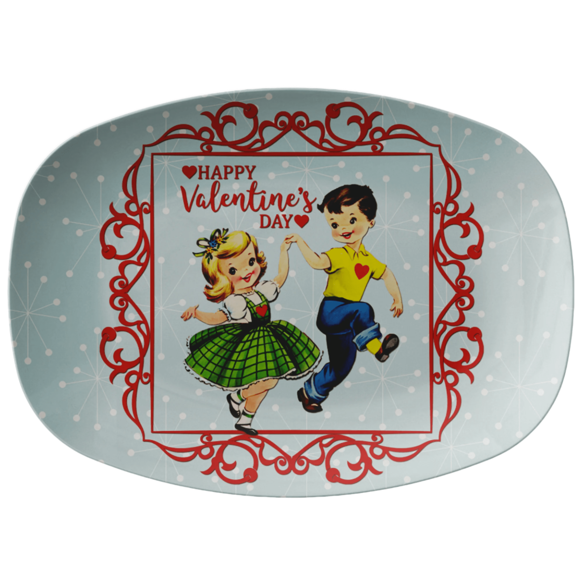 Kate McEnroe New York Retro Vintage Kitsch Valentine Platter, Mid Century Modern Starburst Dancing Romantic Boy Girl DinnerwareServing PlattersP23BYGLVAL2