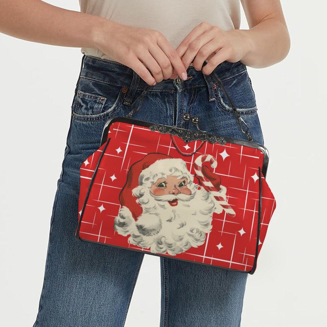 Kate McEnroe New York Retro Vintage Santa Kisslock Purse Red Starburst Holiday HandbagCrossbody BagsD3261617