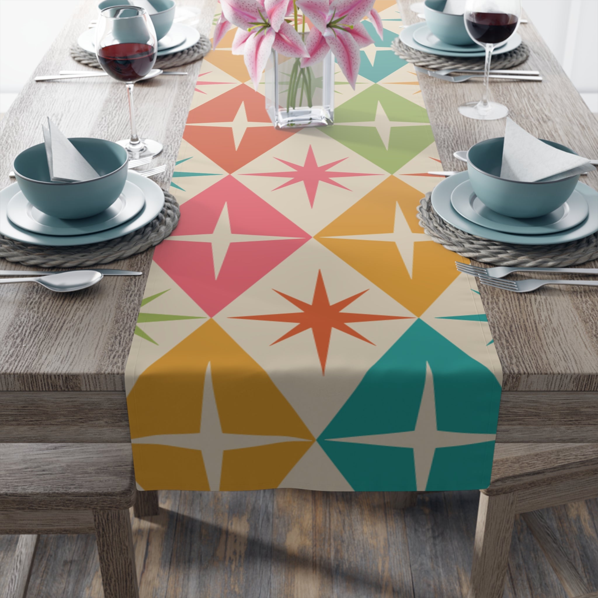 Kate McEnroe New York Retro Vintage Table Runner, 50s Mid Century Modern Diamond Starbursts, Teal, Pink, Burnt Orange, Mustard Yellow, Lime MCM Table LinensTable Runners27861548772383124521