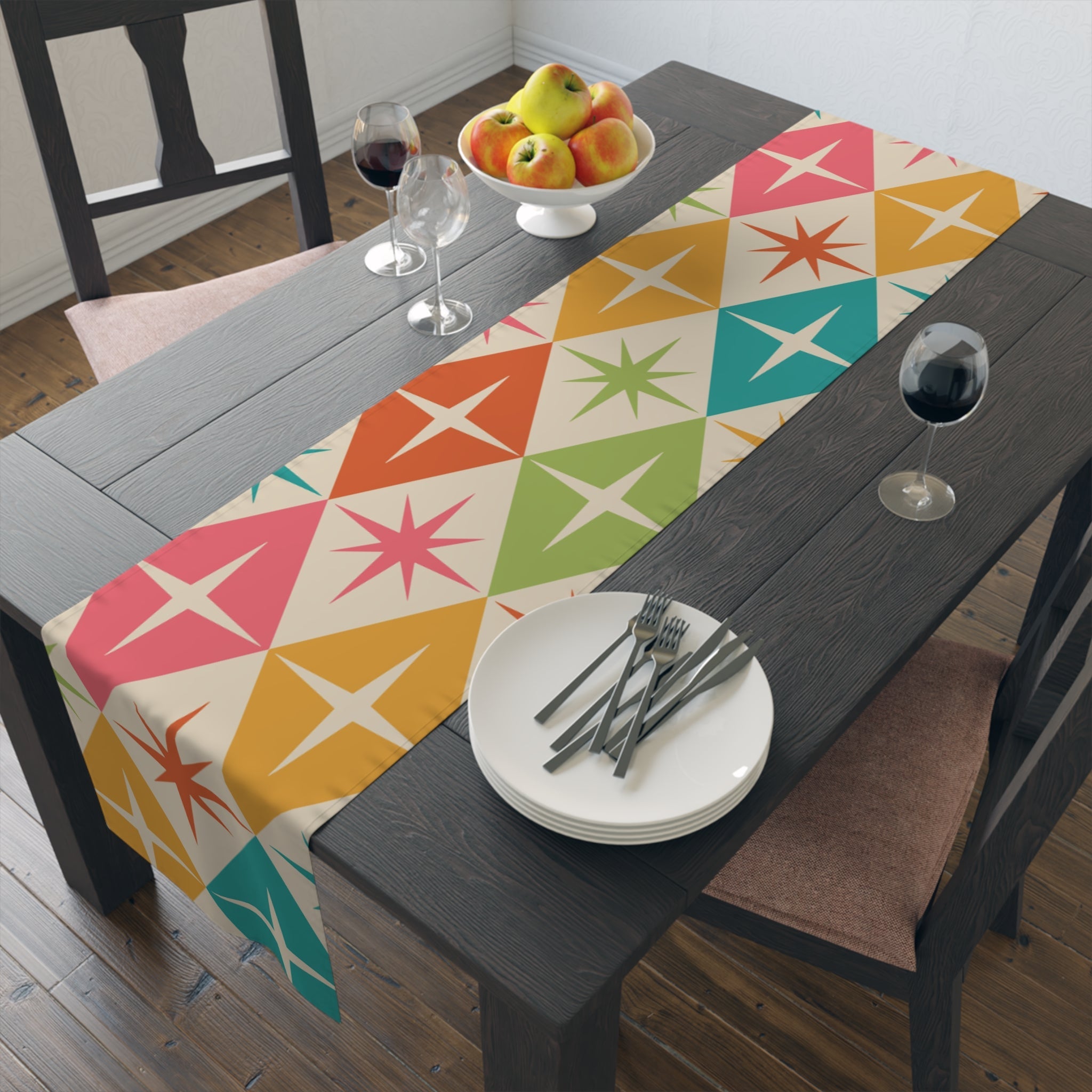 Kate McEnroe New York Retro Vintage Table Runner, 50s Mid Century Modern Diamond Starbursts, Teal, Pink, Burnt Orange, Mustard Yellow, Lime MCM Table LinensTable Runners27861548772383124521