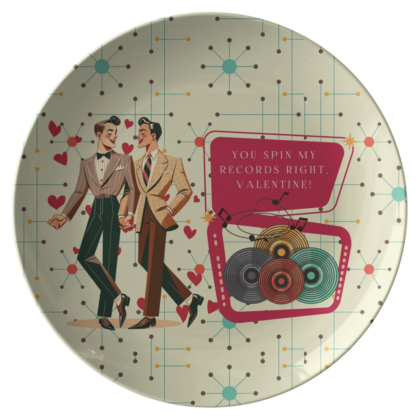 Kate McEnroe New York Retro Vinyl Gents Dinner Plate, Gay Couple Valentine Dish, Mid Century Modern Record Design Plate Plates