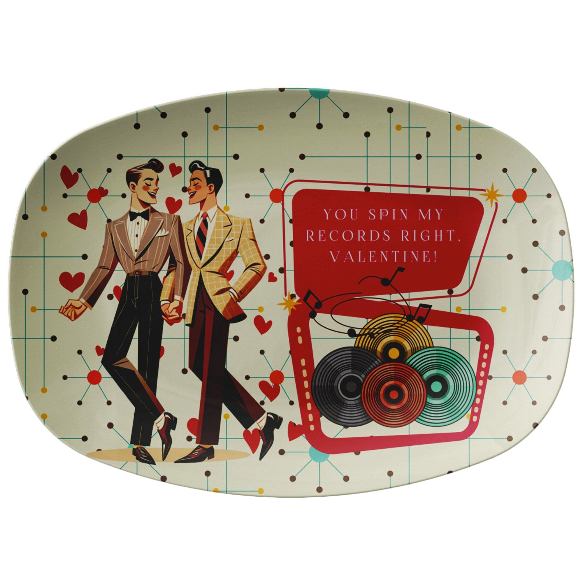 Kate McEnroe New York Retro Vinyl Gents Platter, Gay Couple Kitschy Valentine Serving Tray, Mid Century Modern Record Design DishServing Platters9727