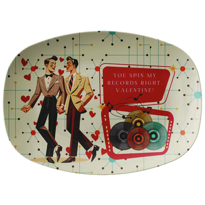 Kate McEnroe New York Retro Vinyl Gents Platter, Gay Couple Kitschy Valentine Serving Tray, Mid Century Modern Record Design DishServing Platters9727