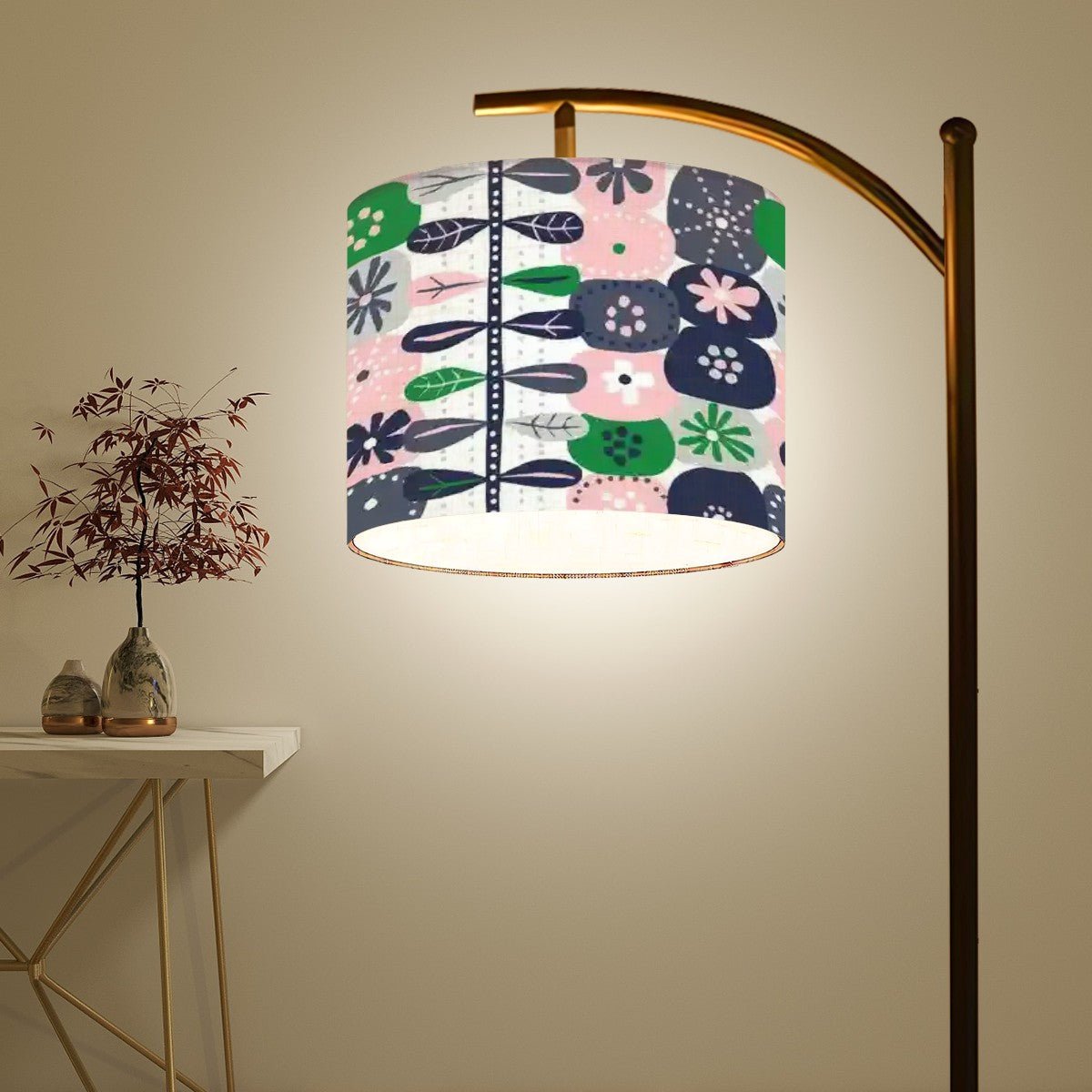 Kate McEnroe New York Scandinavian Arc Floor Lamp, Mid Century Modern Hygge Floral Lighting, Pink Green Danish Modern DecorFloor LampsyElusVGxMr