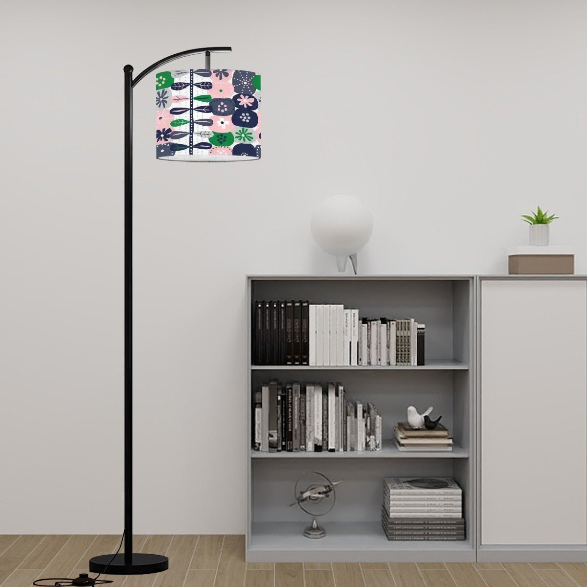 Kate McEnroe New York Scandinavian Arc Floor Lamp, Mid Century Modern Hygge Floral Lighting, Pink Green Danish Modern DecorFloor LampsyElusVGxMr