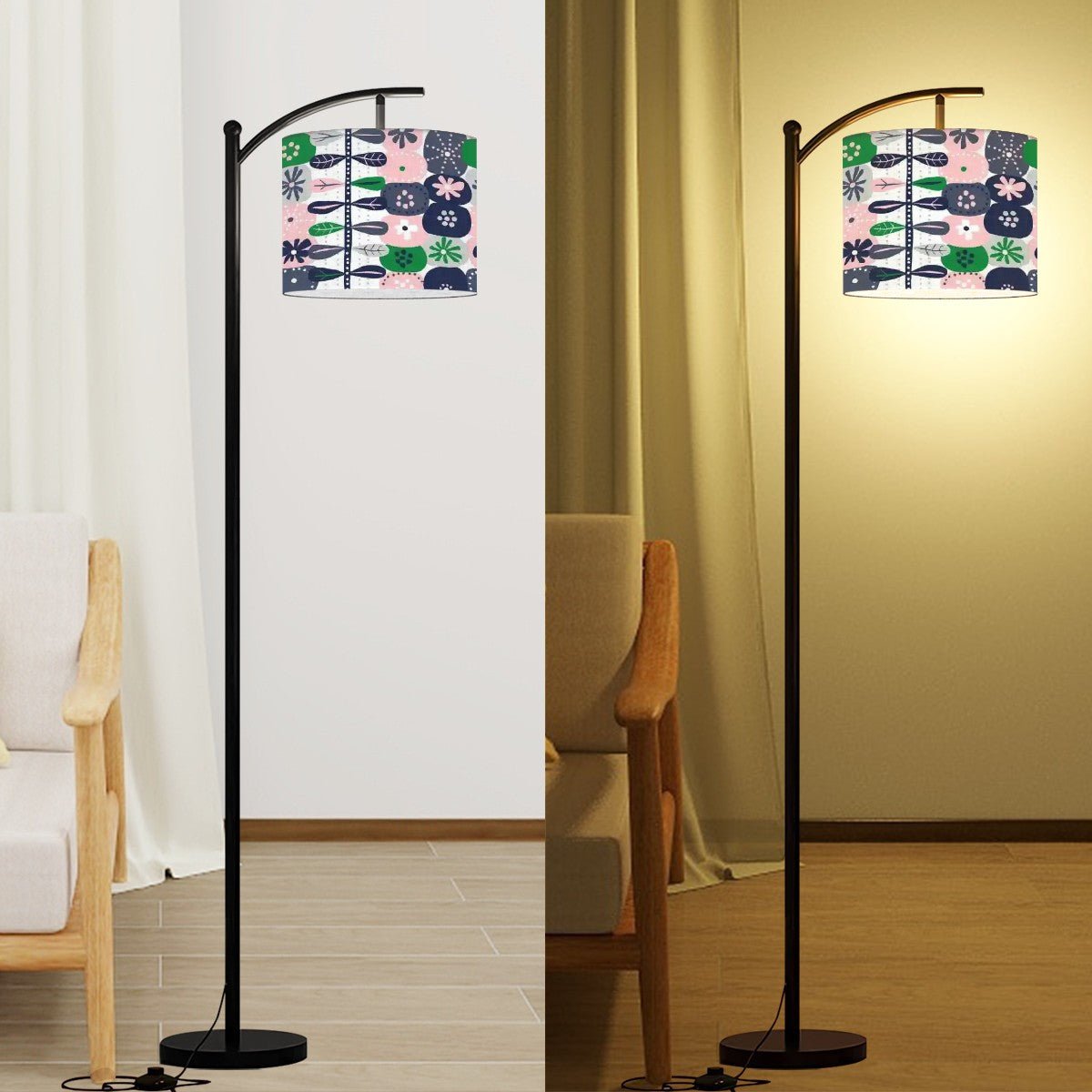 Kate McEnroe New York Scandinavian Arc Floor Lamp, Mid Century Modern Hygge Floral Lighting, Pink Green Danish Modern DecorFloor LampsyElusVGxMr