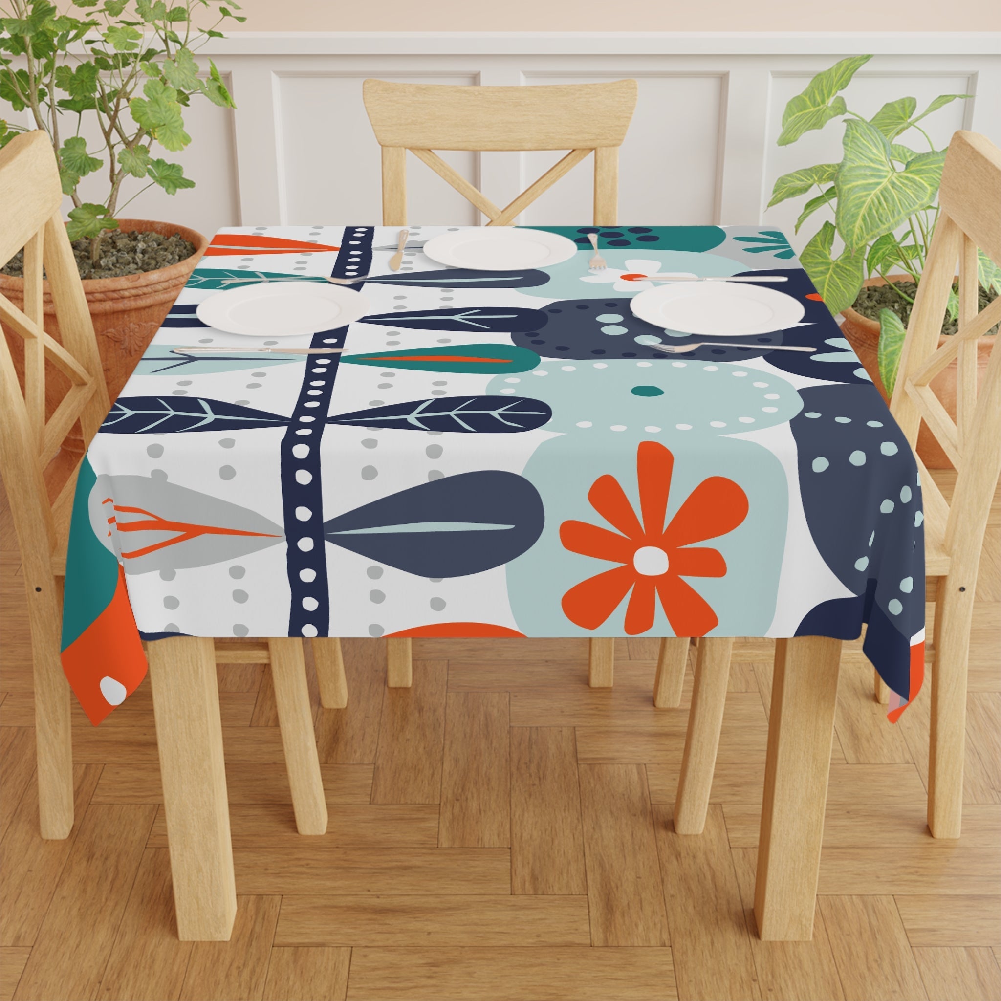 Kate McEnroe New York Scandinavian Danish Floral Tablecloth, Mid Century Modern Retro Botanical Dining AccentTablecloths38971712246174899321