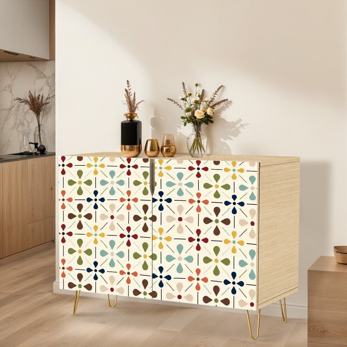 Kate McEnroe New York Scandinavian Danish Modern Floral Cabinet, Mid Century Retro Sideboard, Colorful Geometric Storage CredenzaStorage Cabinetswzpo8DbzfR