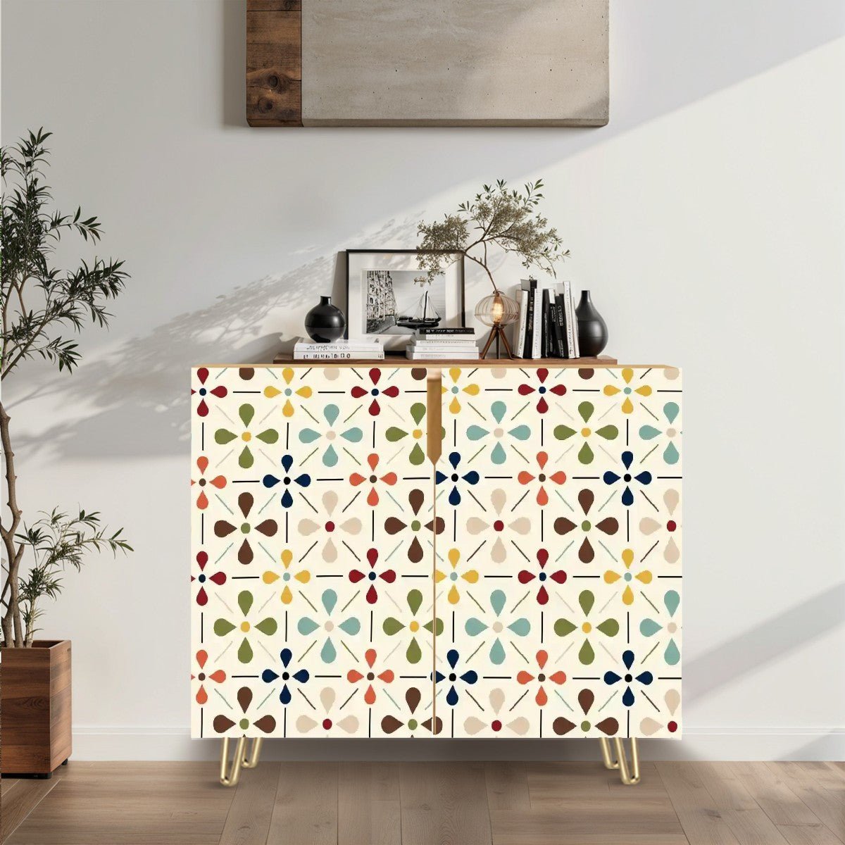 Kate McEnroe New York Scandinavian Danish Modern Floral Cabinet, Mid Century Retro Sideboard, Colorful Geometric Storage CredenzaStorage Cabinetswzpo8DbzfR