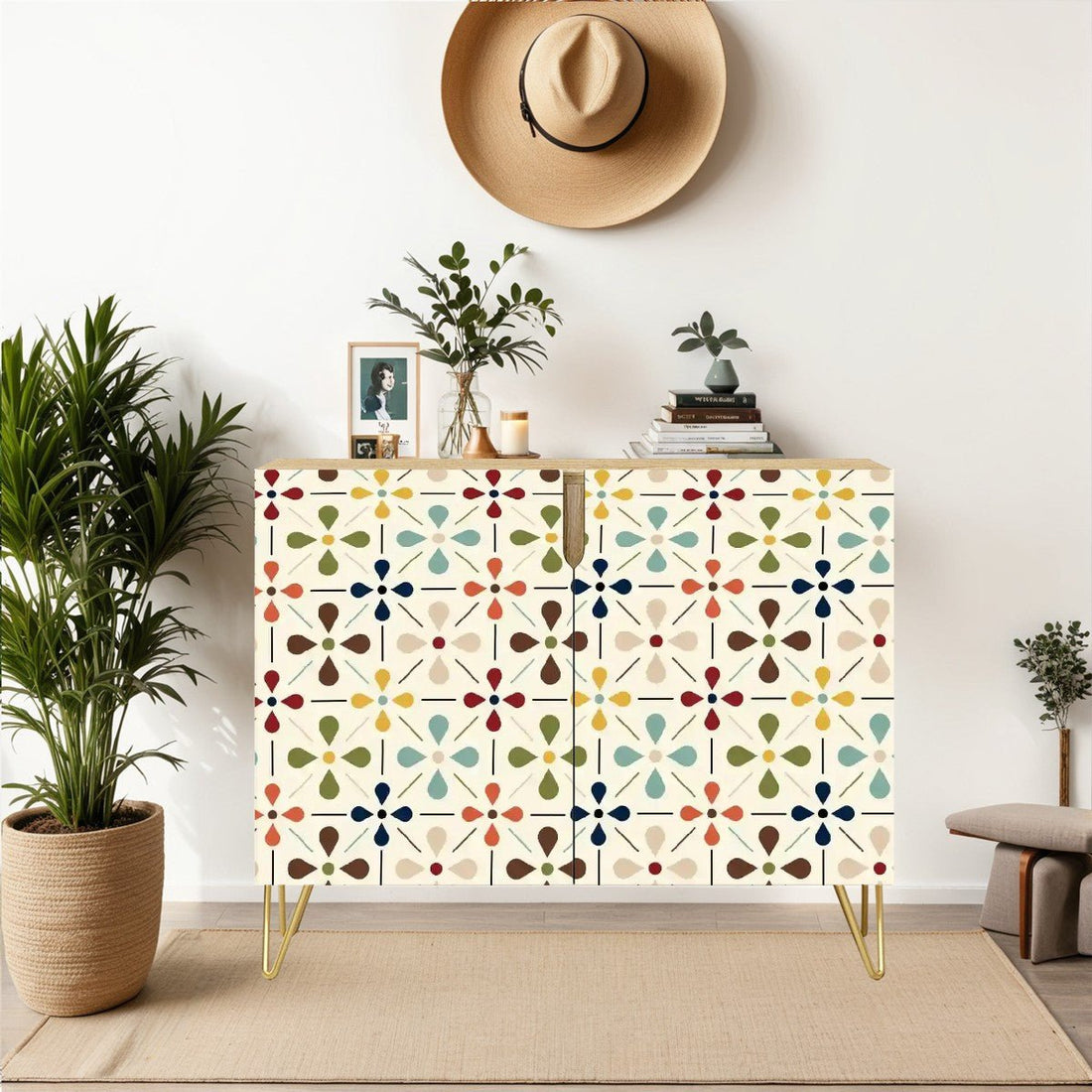 Kate McEnroe New York Scandinavian Danish Modern Floral Cabinet, Mid Century Retro Sideboard, Colorful Geometric Storage CredenzaStorage Cabinetswzpo8DbzfR
