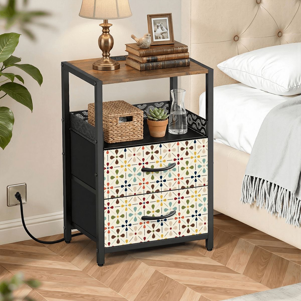 Kate McEnroe New York Scandinavian Danish Modern Floral Nightstand with USB ChargingNightStandsX9TZqHMjBn