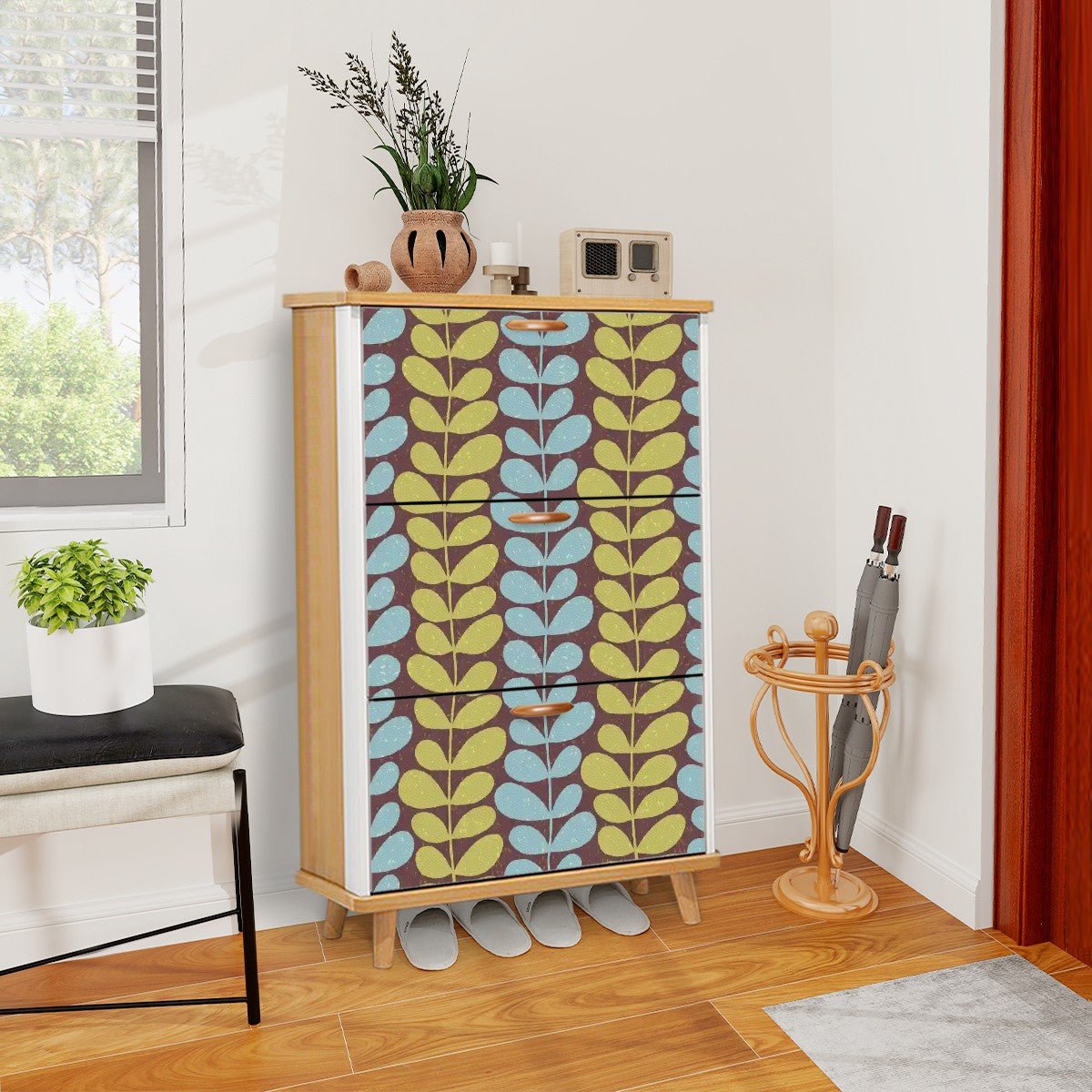 Kate McEnroe New York Scandinavian Danish Modern Floral Shoe Cabinet, Mid Century Storage Accent, Retro Mod FurnitureShoe StorageFcu4BCwdtx