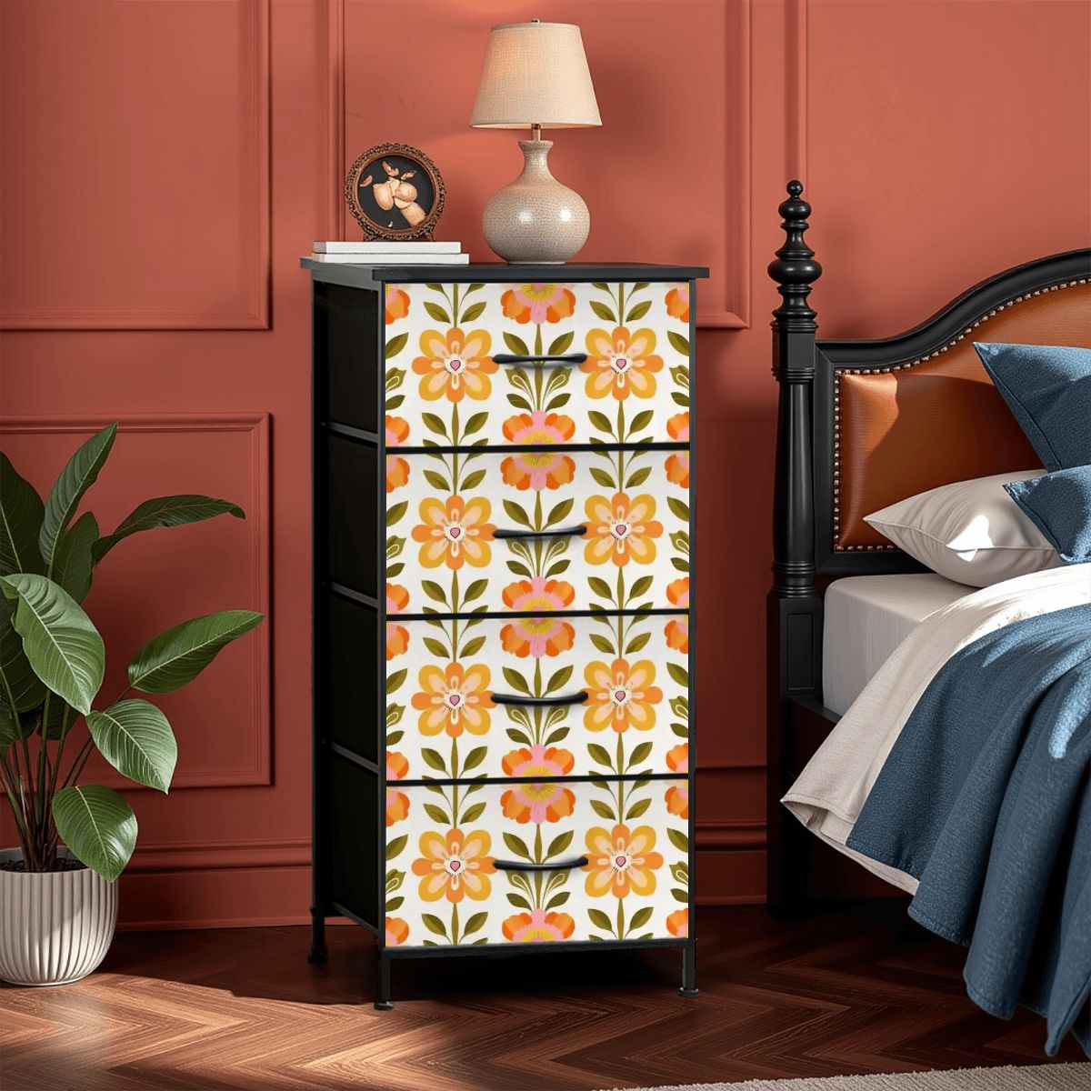 Kate McEnroe New York Scandinavian Floral Dresser, Danish Modern 4 Drawer Chest, Mid Mod StyleDressers6D0H5KTJHm