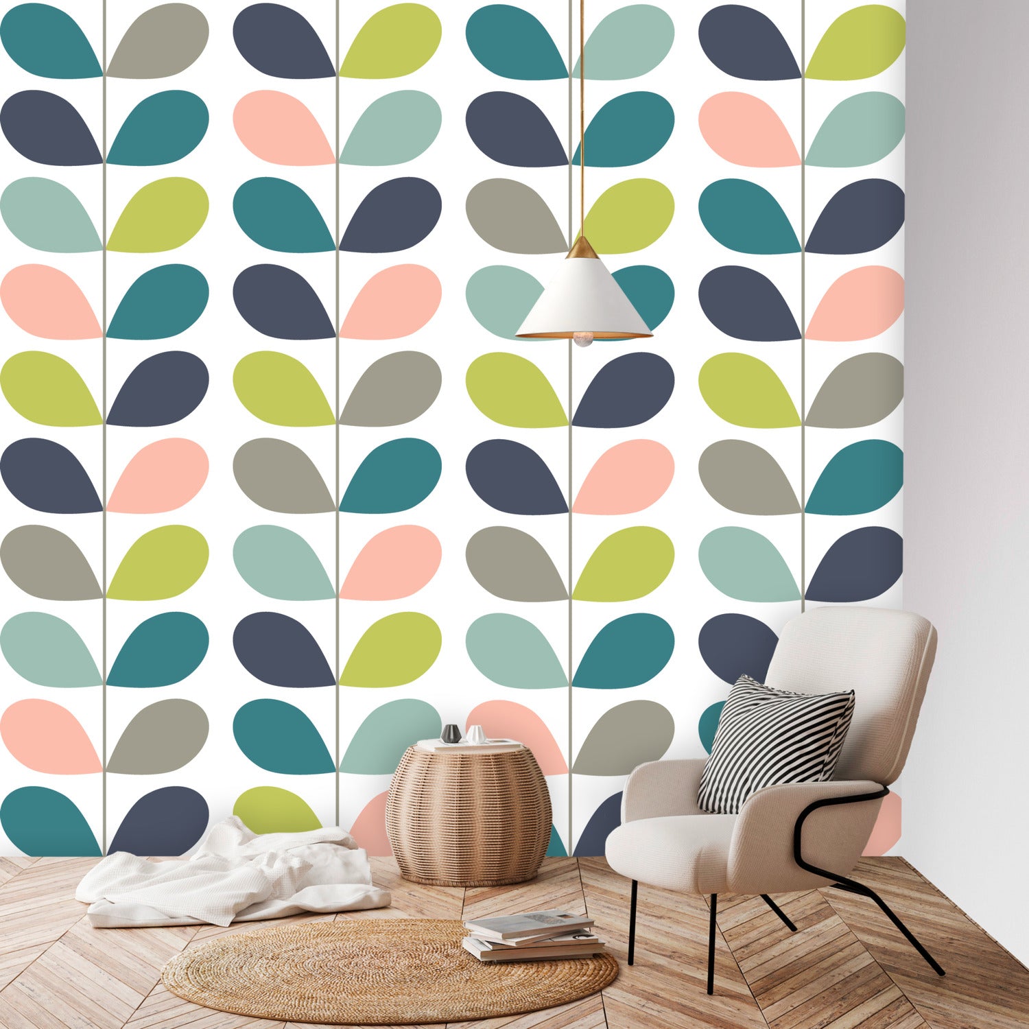 Kate McEnroe New York Scandinavian Leaf Motif Peel and Stick Wall Murals, Mid Century Modern Wallpaper, Retro Wall CoveringWall Mural121024