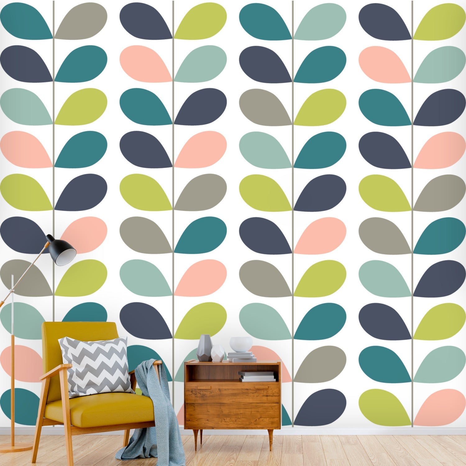 Kate McEnroe New York Scandinavian Leaf Motif Peel and Stick Wall Murals, Mid Century Modern Wallpaper, Retro Wall CoveringWall Mural121026