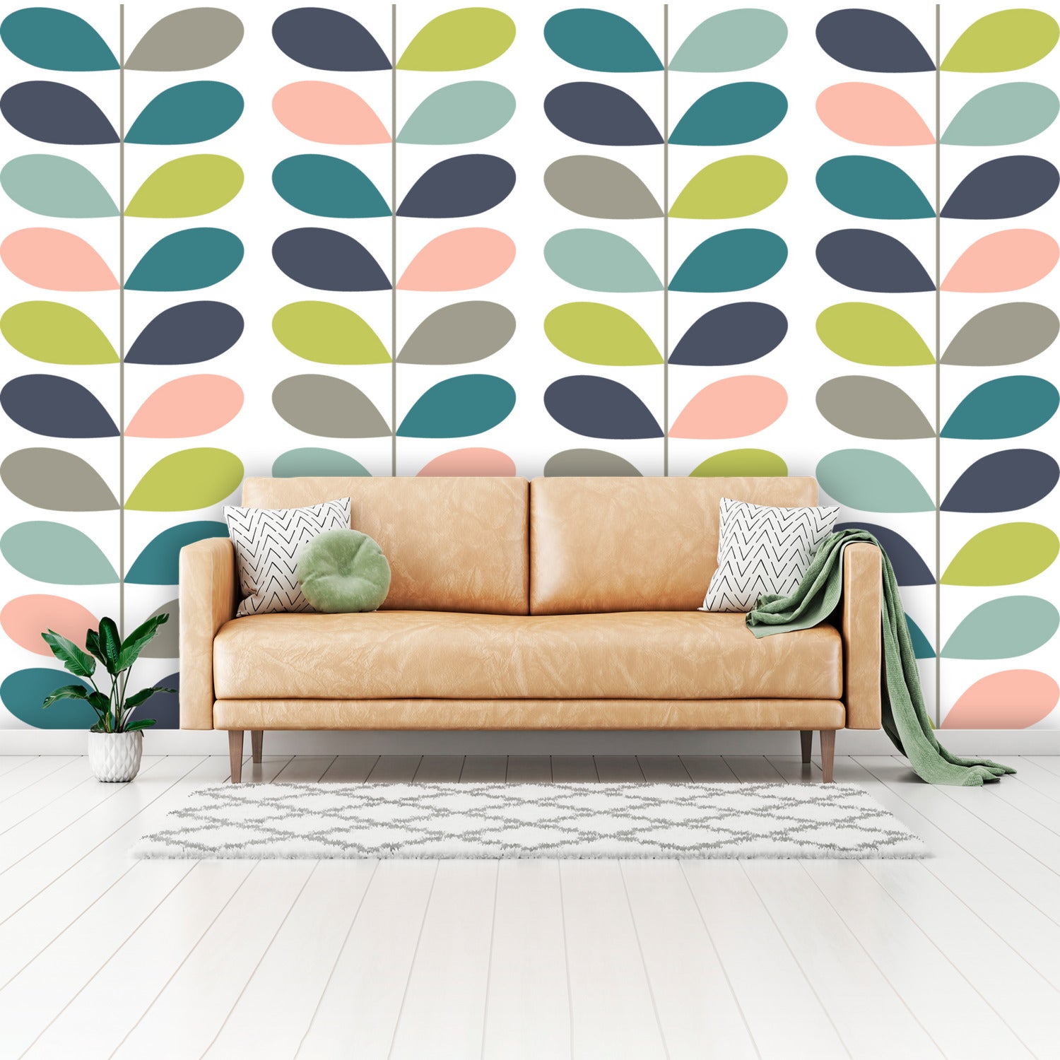 Kate McEnroe New York Scandinavian Leaf Motif Peel and Stick Wall Murals, Mid Century Modern Wallpaper, Retro Wall CoveringWall Mural121027