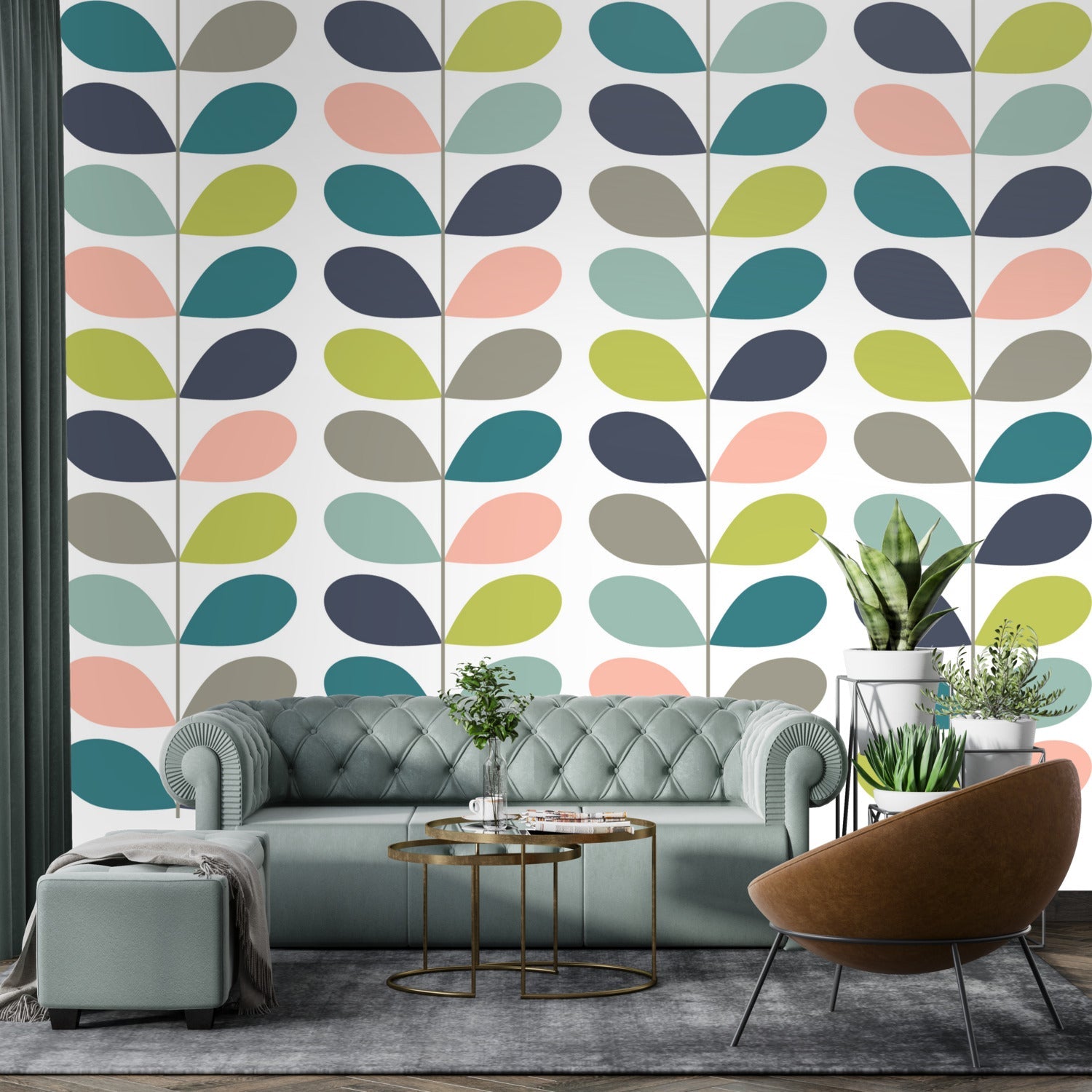 Kate McEnroe New York Scandinavian Leaf Motif Peel and Stick Wall Murals, Mid Century Modern Wallpaper, Retro Wall CoveringWall Mural121029