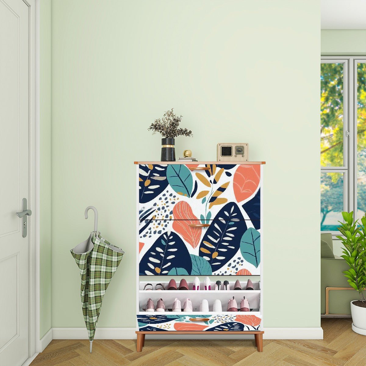 Kate McEnroe New York Scandinavian Leaf Shoe Cabinet, Retro Botanical Entry StorageShoe StoragepacZAhkGHN