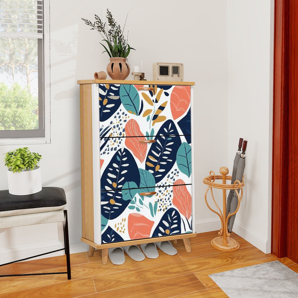 Kate McEnroe New York Scandinavian Leaf Shoe Cabinet, Retro Botanical Entry StorageShoe StoragepacZAhkGHN