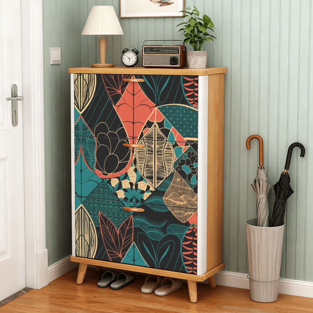 Kate McEnroe New York Scandinavian Mid Century Modern Flip Drawer Shoe Cabinet, Retro Floral Storage, MCM Entryway OrganizerShoe StorageYmkmjjvVTN