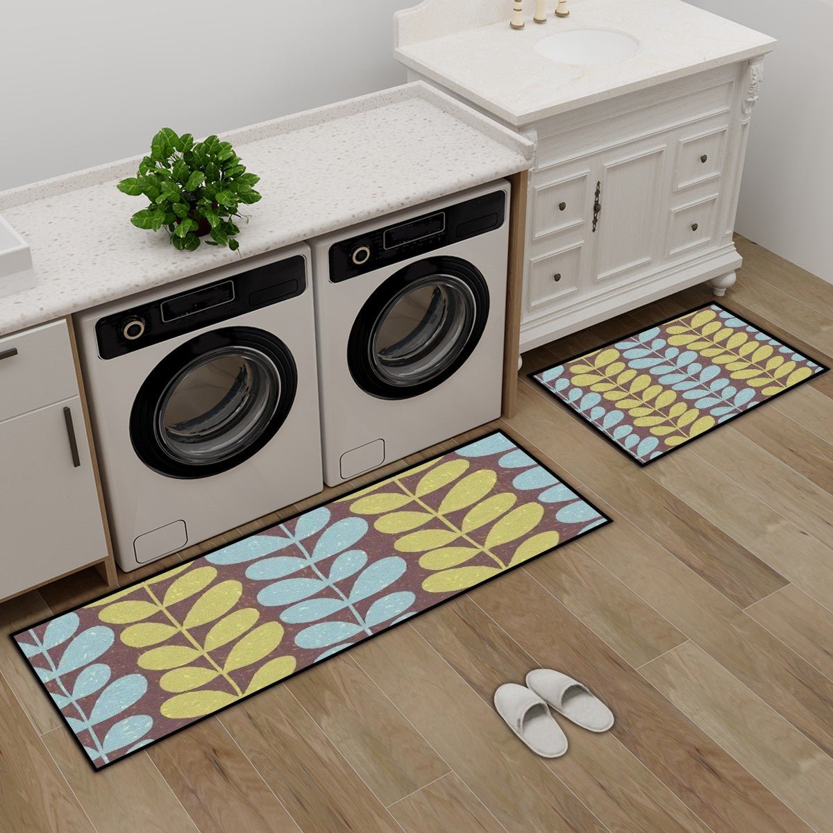 Kate McEnroe New York Scandinavian Mid Century Modern Leaf Print Kitchen Mat SetKitchen Floor MatsqKJQjILzzo