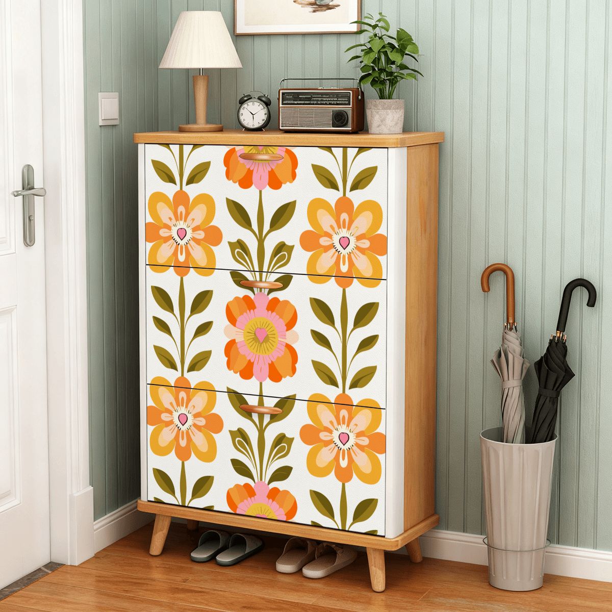 Kate McEnroe New York Scandinavian Mid Century Modern Shoe Cabinet, Danish Floral Mudroom Organizer, Retro MCM Entryway StorageShoe StorageQ48S6XcMzd