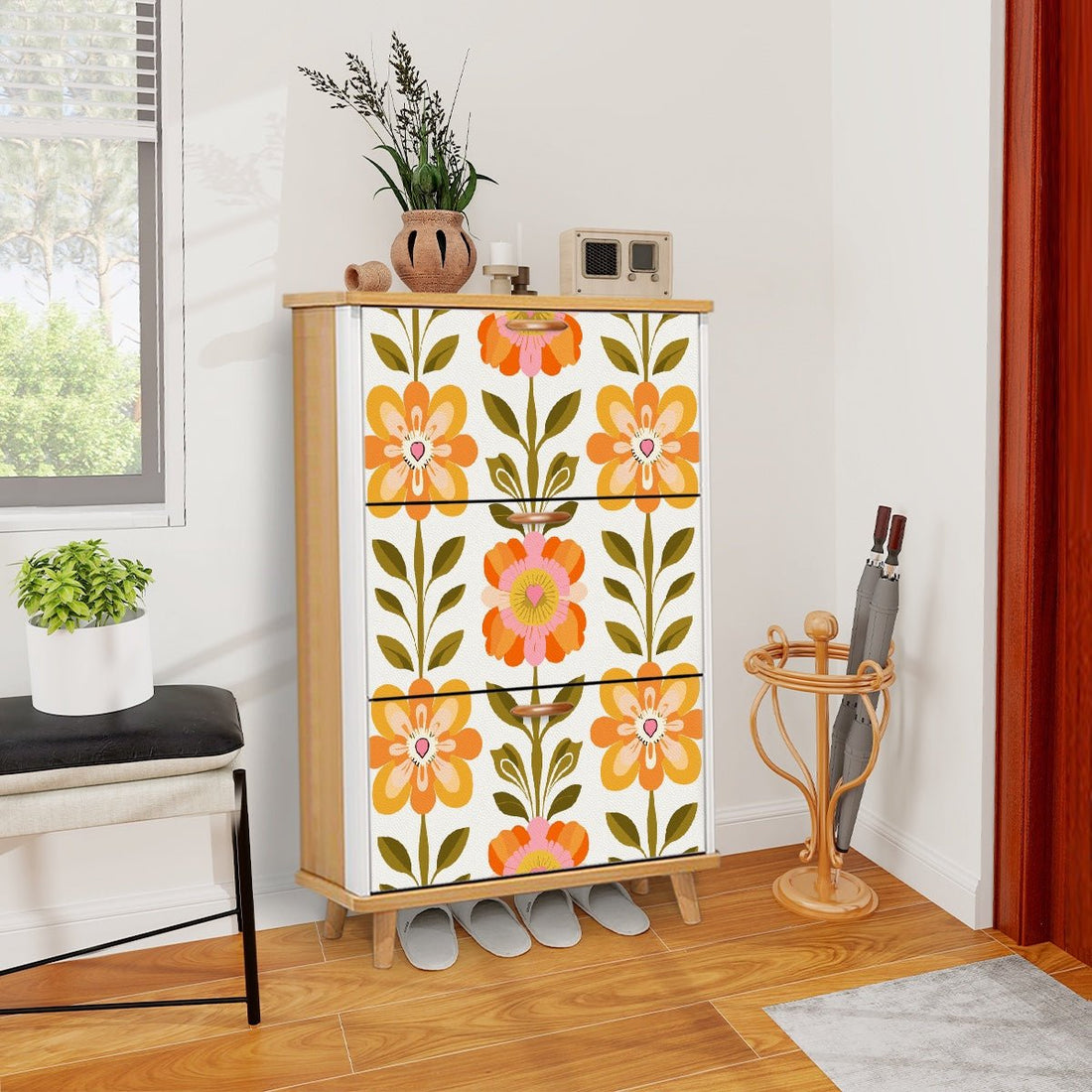 Kate McEnroe New York Scandinavian Mid Century Modern Shoe Cabinet, Danish Floral Mudroom Organizer, Retro MCM Entryway StorageShoe StorageQ48S6XcMzd