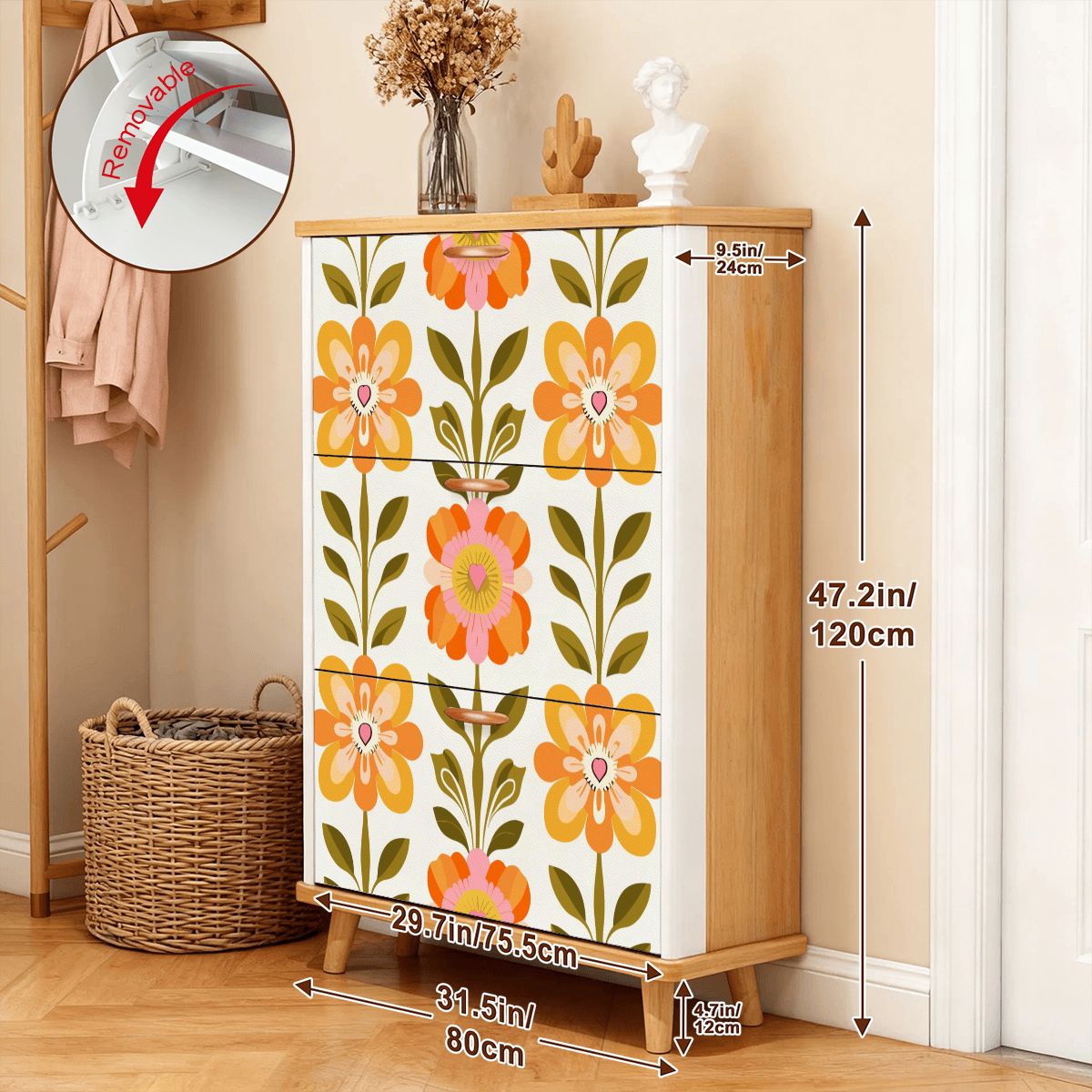Kate McEnroe New York Scandinavian Mid Century Modern Shoe Cabinet, Danish Floral Mudroom Organizer, Retro MCM Entryway StorageShoe StorageQ48S6XcMzd