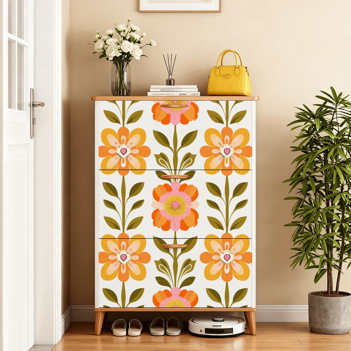Kate McEnroe New York Scandinavian Mid Century Modern Shoe Cabinet, Danish Floral Mudroom Organizer, Retro MCM Entryway StorageShoe StorageQ48S6XcMzd