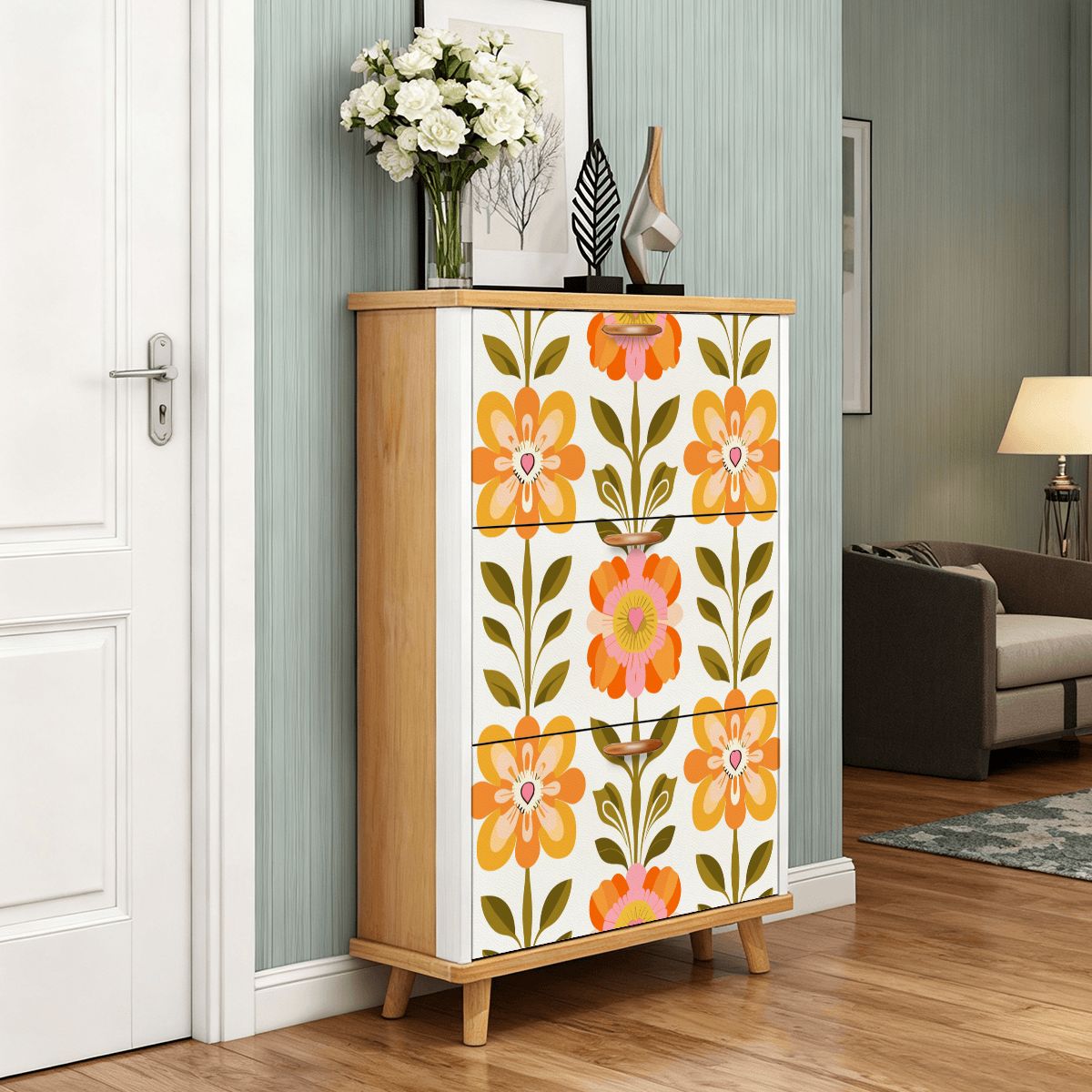 Kate McEnroe New York Scandinavian Mid Century Modern Shoe Cabinet, Danish Floral Mudroom Organizer, Retro MCM Entryway StorageShoe StorageQ48S6XcMzd