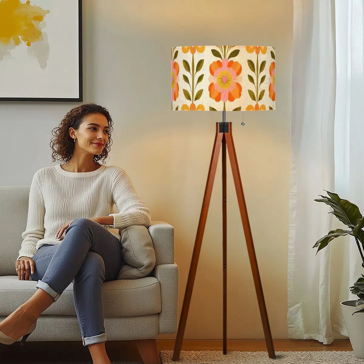 Kate McEnroe New York Scandinavian Modern Danish Floral Tripod Floor Lamp, Mid Century Wood Accent LightTripod Floor LampsRvfnb90R3Q