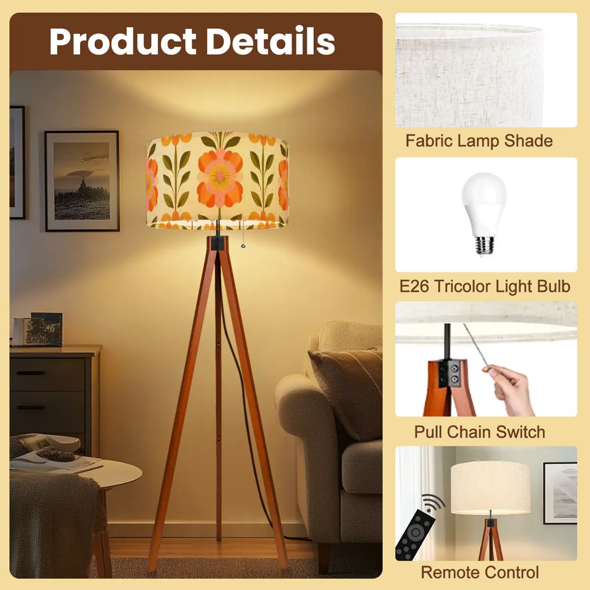 Kate McEnroe New York Scandinavian Modern Danish Floral Tripod Floor Lamp, Mid Century Wood Accent LightTripod Floor LampsRvfnb90R3Q