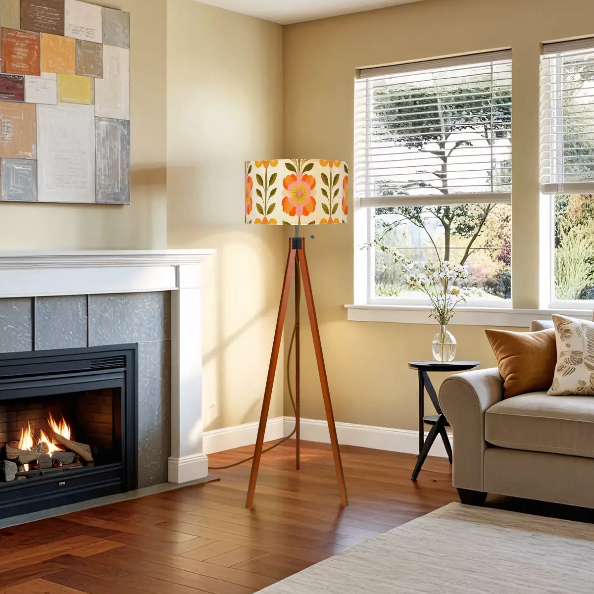 Kate McEnroe New York Scandinavian Modern Danish Floral Tripod Floor Lamp, Mid Century Wood Accent LightTripod Floor LampsRvfnb90R3Q