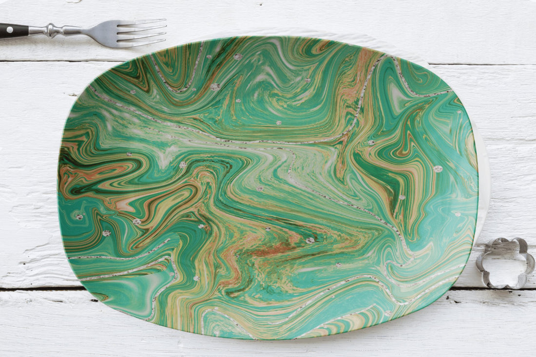 Kate McEnroe New York Serving Platter in Summer Ocean Marble Watercolor ArtServing PlattersP21 - SUM - MAR - 49
