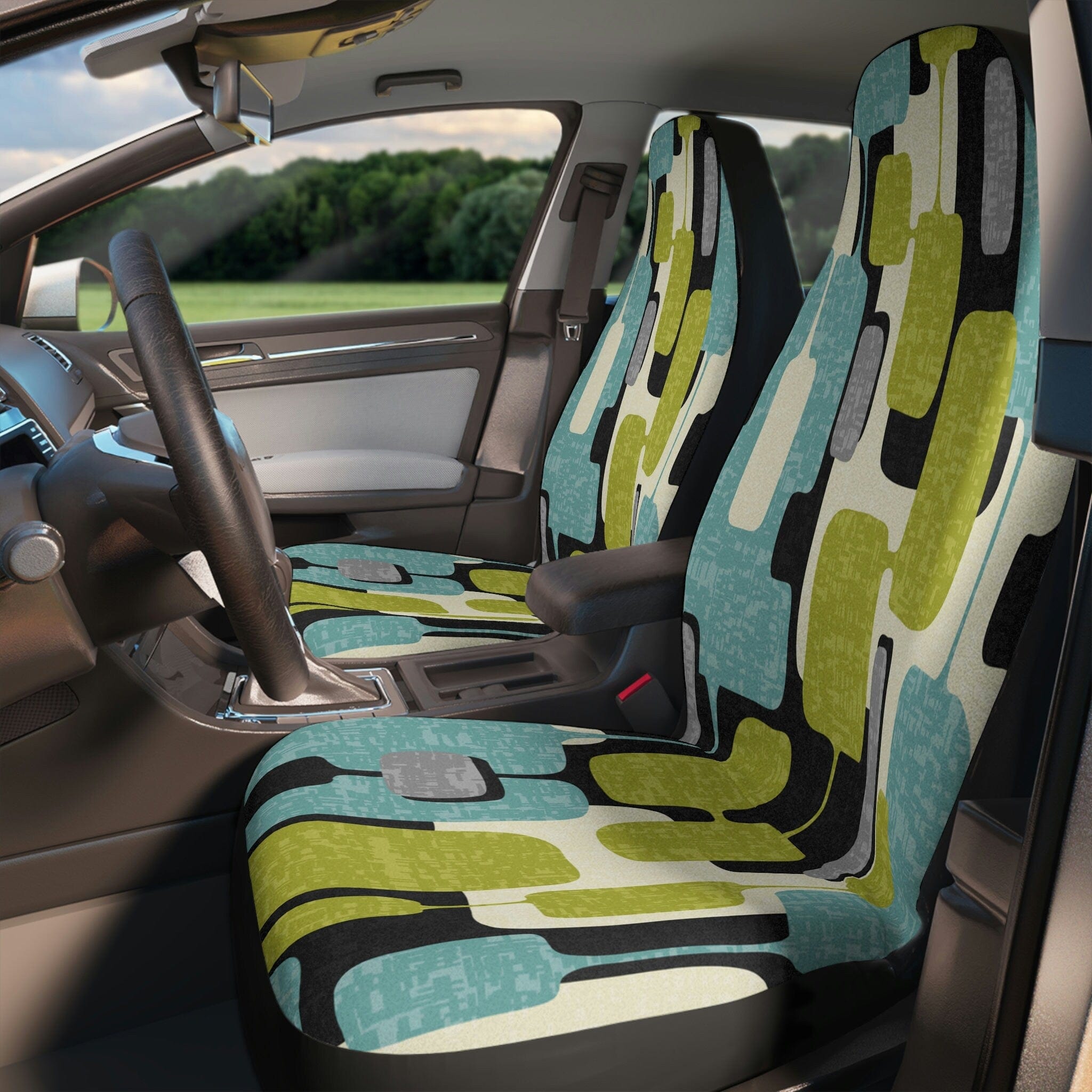 Kate McEnroe New York Set of 2 Mid Century Modern Geometric Car Seat Covers in Aqua Blue, Lime Green, Gray, and CreamCar Seat CoversDG1452072DXH2742D