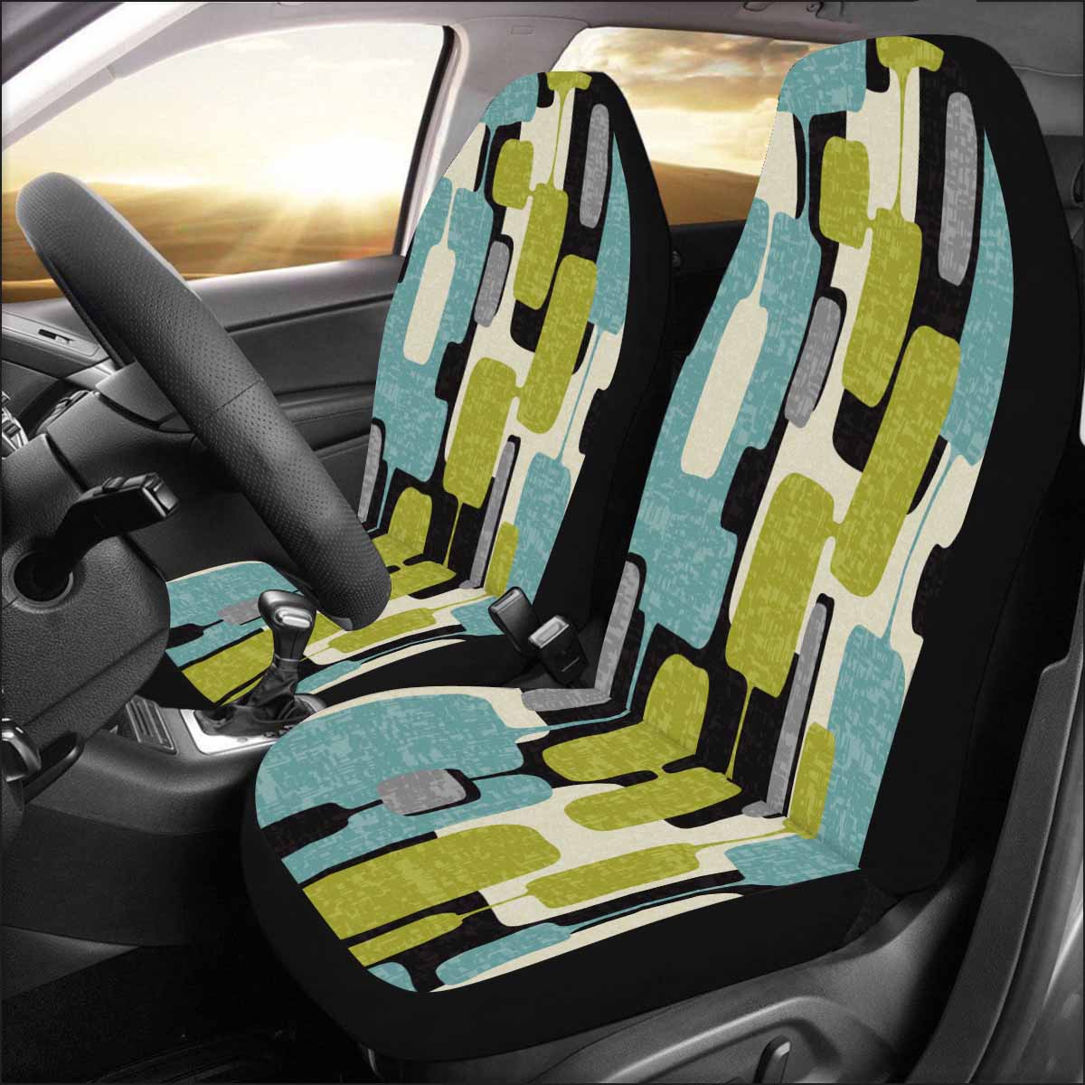 Kate McEnroe New York Set of 2 Mid Century Modern Geometric Car Seat Covers in Aqua Blue, Lime Green, Gray, and CreamCar Seat CoversDG1452072DXH2742D