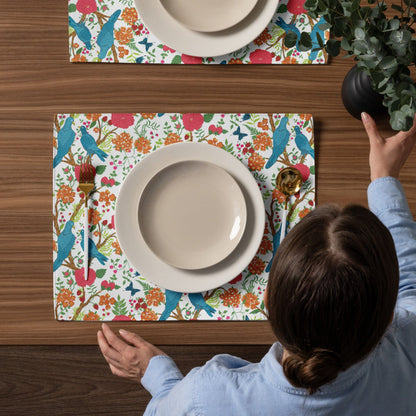 Kate McEnroe New York Set of 4 Chinoiserie Floral and Exotic Bird Botanical Garden Placemats in Pink, Green, Orange and Blue by Kate McEnroe New York - KM13809925Placemats9417303_17484